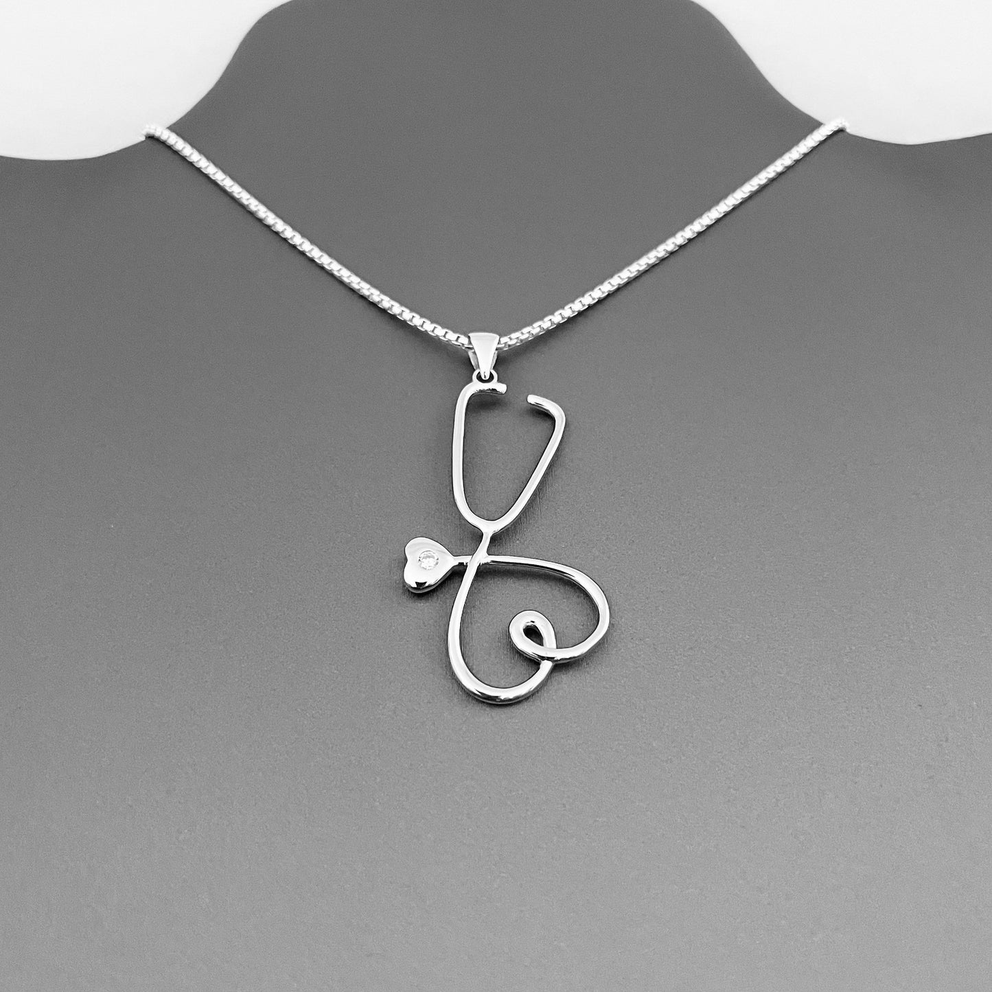 Sterling Silver Heart Stethoscope Pendant Necklace, Nurse Heart Necklace, Stethoscope Necklace, Frontline Worker Jewelry, Silver CZ Pendant