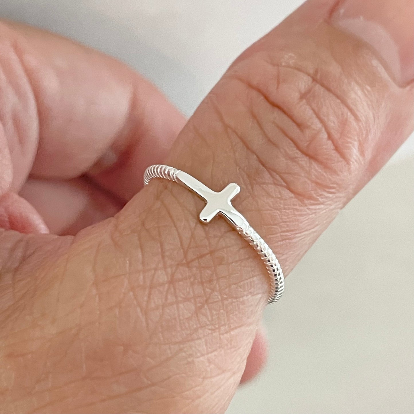 Dainty Sideway Cross Sterling Silver Rope Ring, Silver Religious Ring, Silver Cross Ring, Rope Ring, Promise Cross Ring, Dainty Cross Ring