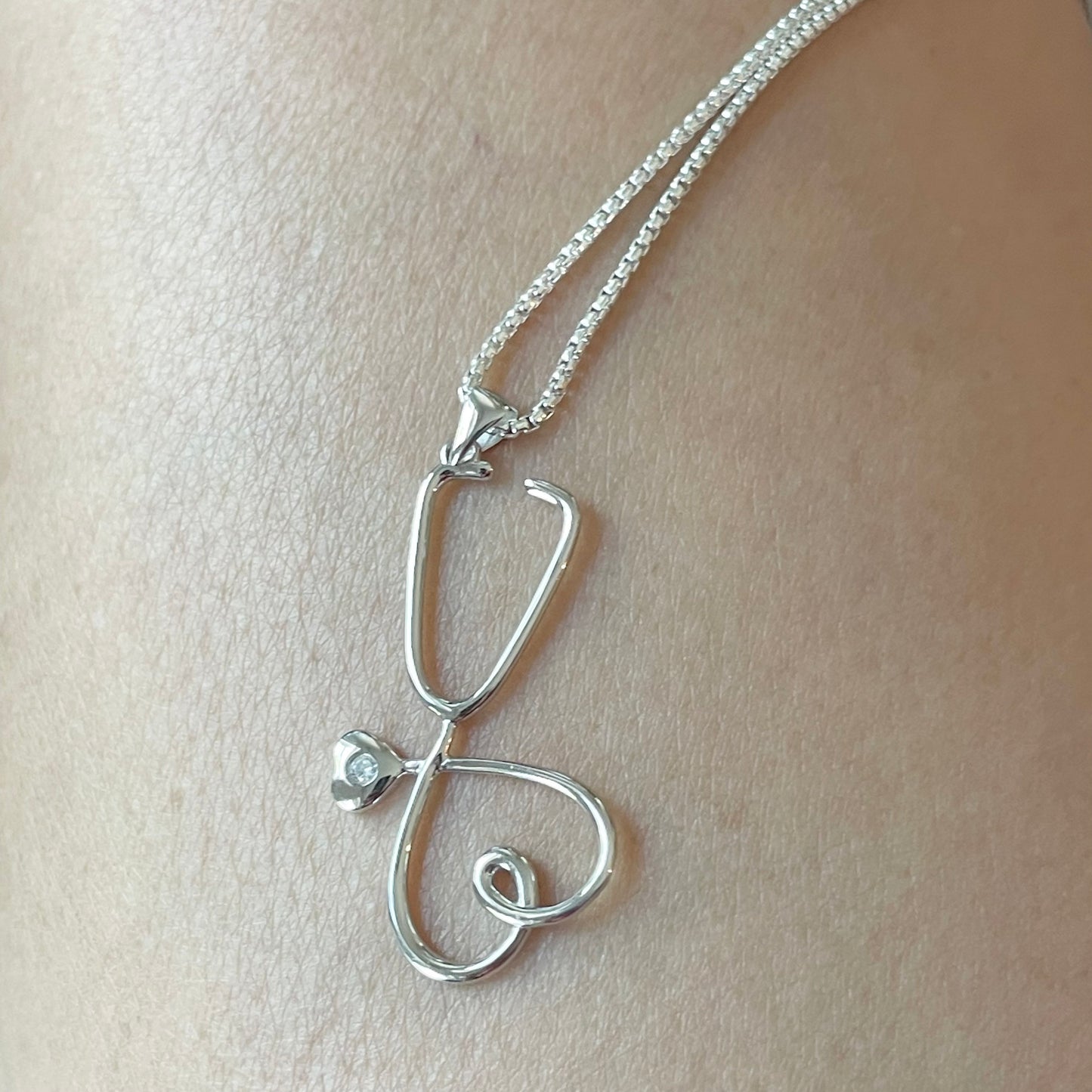 Sterling Silver Heart Stethoscope Pendant Necklace, Nurse Heart Necklace, Stethoscope Necklace, Frontline Worker Jewelry, Silver CZ Pendant
