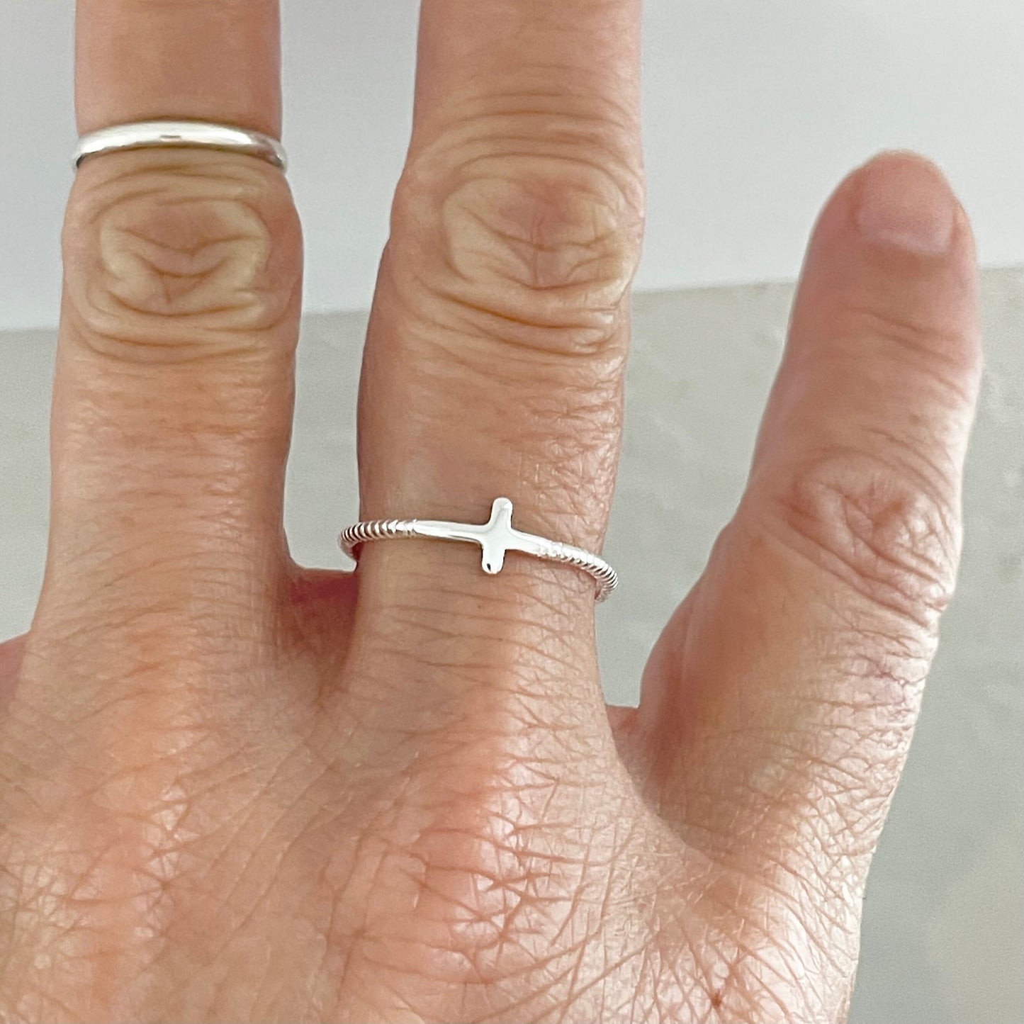 Dainty Sideway Cross Sterling Silver Rope Ring, Silver Religious Ring, Silver Cross Ring, Rope Ring, Promise Cross Ring, Dainty Cross Ring