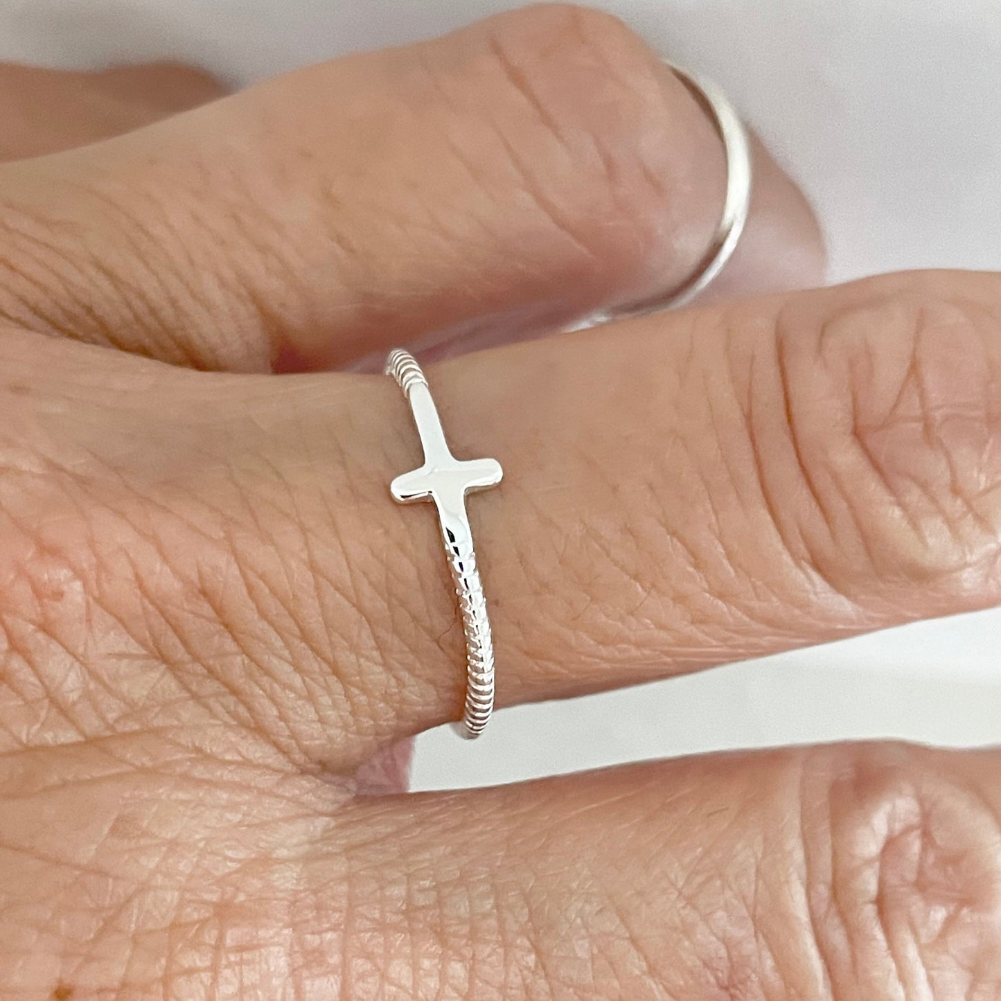 Dainty Sideway Cross Sterling Silver Rope Ring, Silver Religious Ring, Silver Cross Ring, Rope Ring, Promise Cross Ring, Dainty Cross Ring