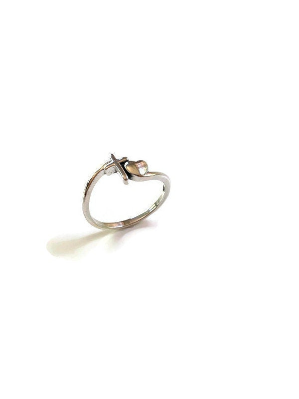 Sterling Silver Cross Heart Ring, Heart Ring, Heart Cross Ring, Cross Faith Ring, Promise Heart Rings, Cross Heart Love Ring, Relationship.