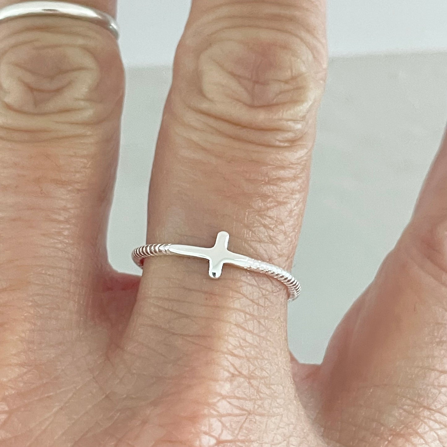 Dainty Sideway Cross Sterling Silver Rope Ring, Silver Religious Ring, Silver Cross Ring, Rope Ring, Promise Cross Ring, Dainty Cross Ring