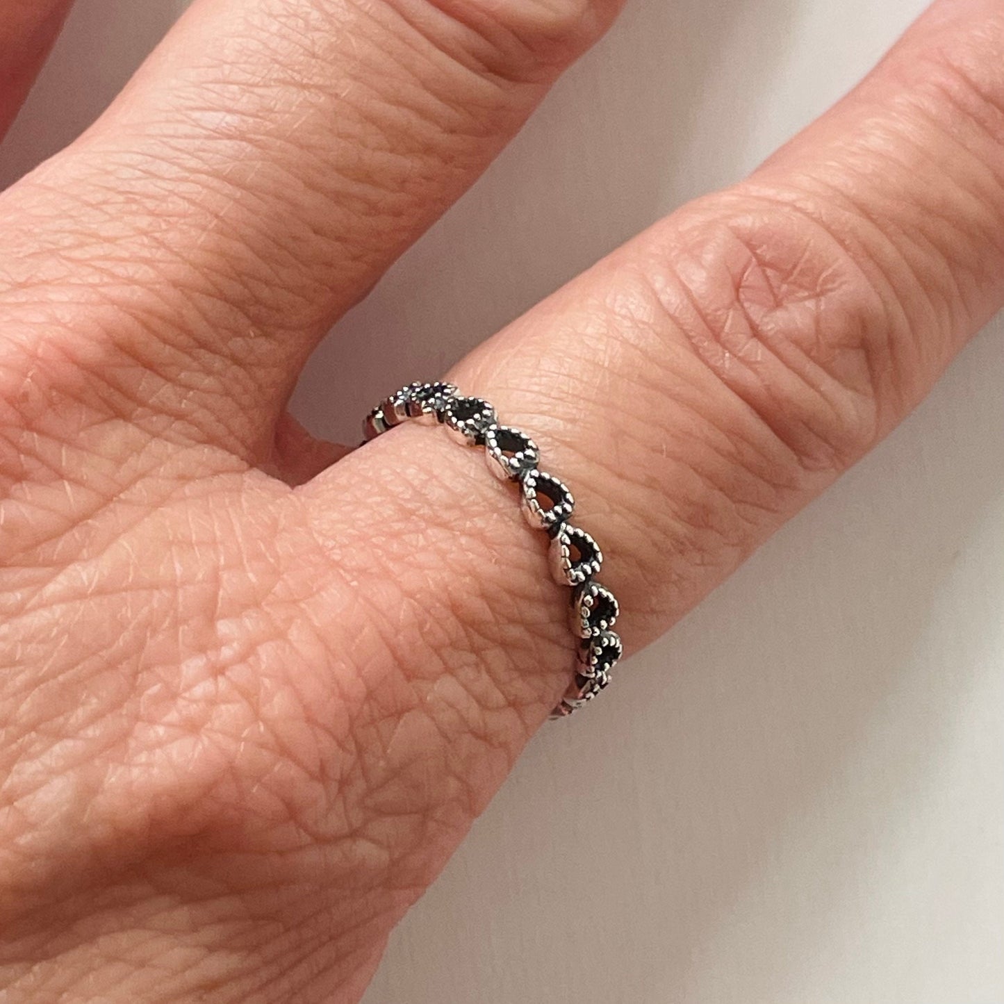 Oxidized Sterling Silver Hearts Band Ring: Dainty Stackable Promise Ring