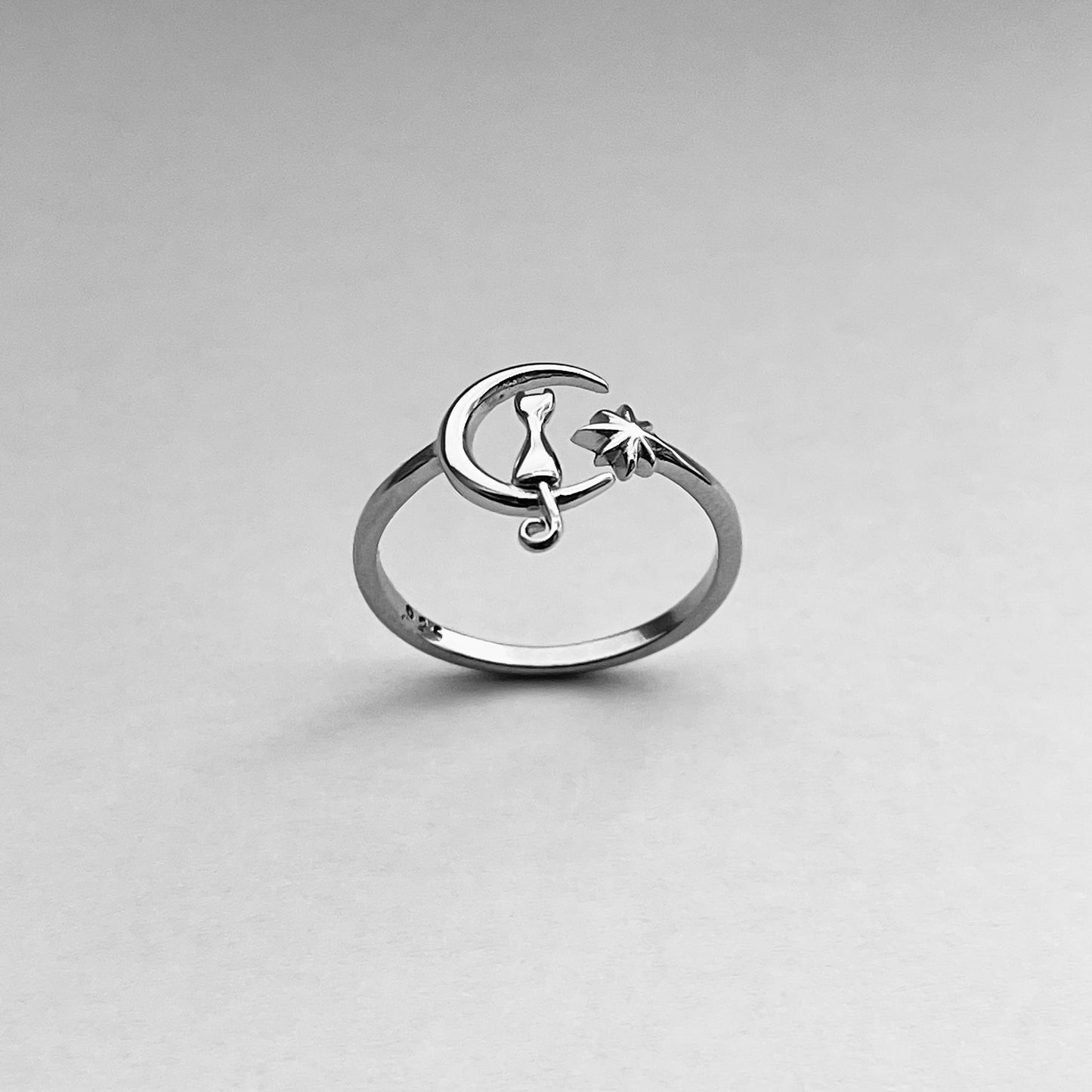 Sterling Silver Cat on Moon Ring: Twinkle Star Crescent Ring