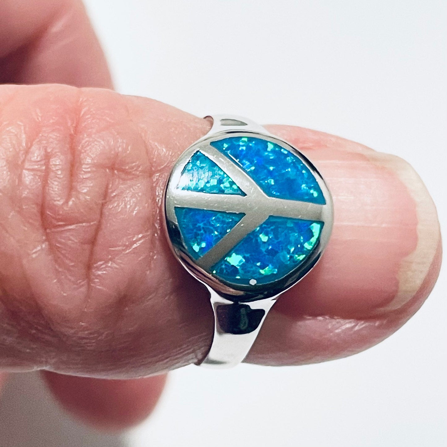 Blue Lab Opal Peace Sign Ring: Sterling Silver Boho Jewelry