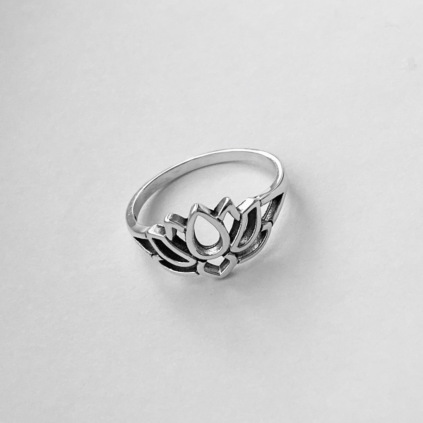 Oxidized Sterling Silver Lotus Flower Ring: Dainty Yoga Jewelry