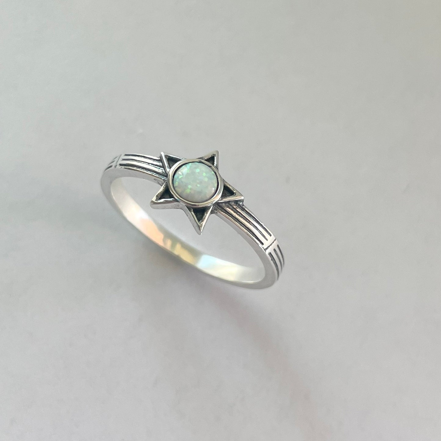 Sterling Silver Star Ring: White Lab Opal Boho Jewelry
