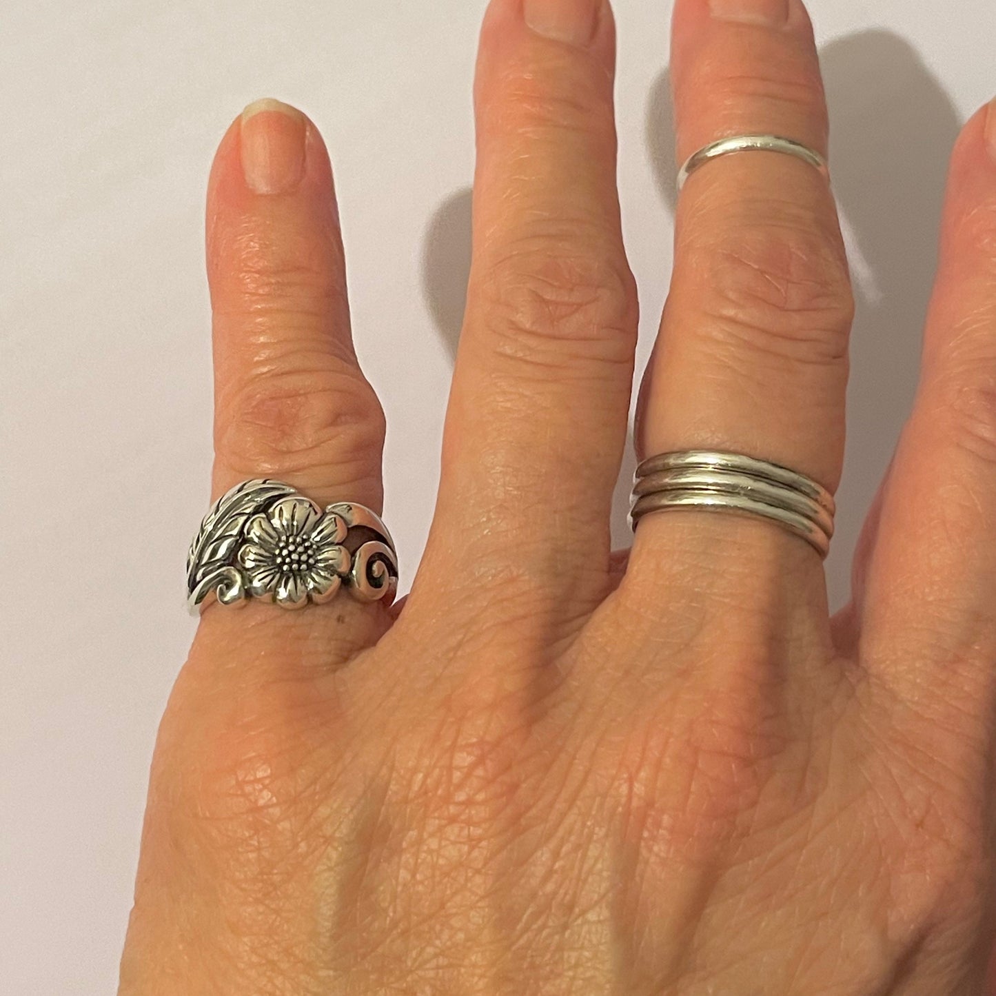 Sterling Silver Sunflower Ring with Leaf: Boho Floral Statement