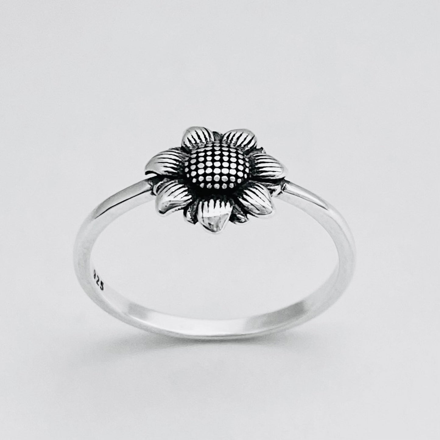 Oxidized Sterling Silver Sunflower Ring: Dainty Floral Boho Ring
