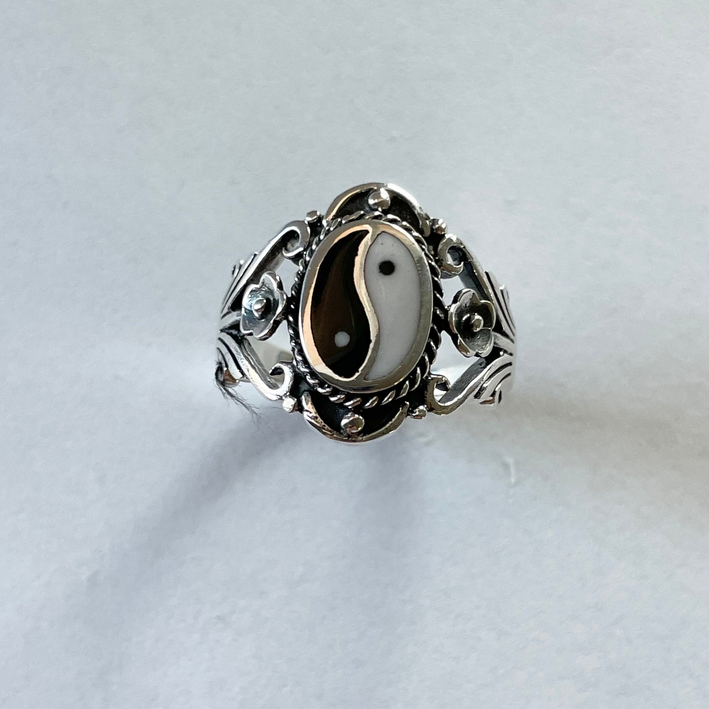 Sterling Silver Yin Yang Ring: Floral Boho Yoga Jewelry
