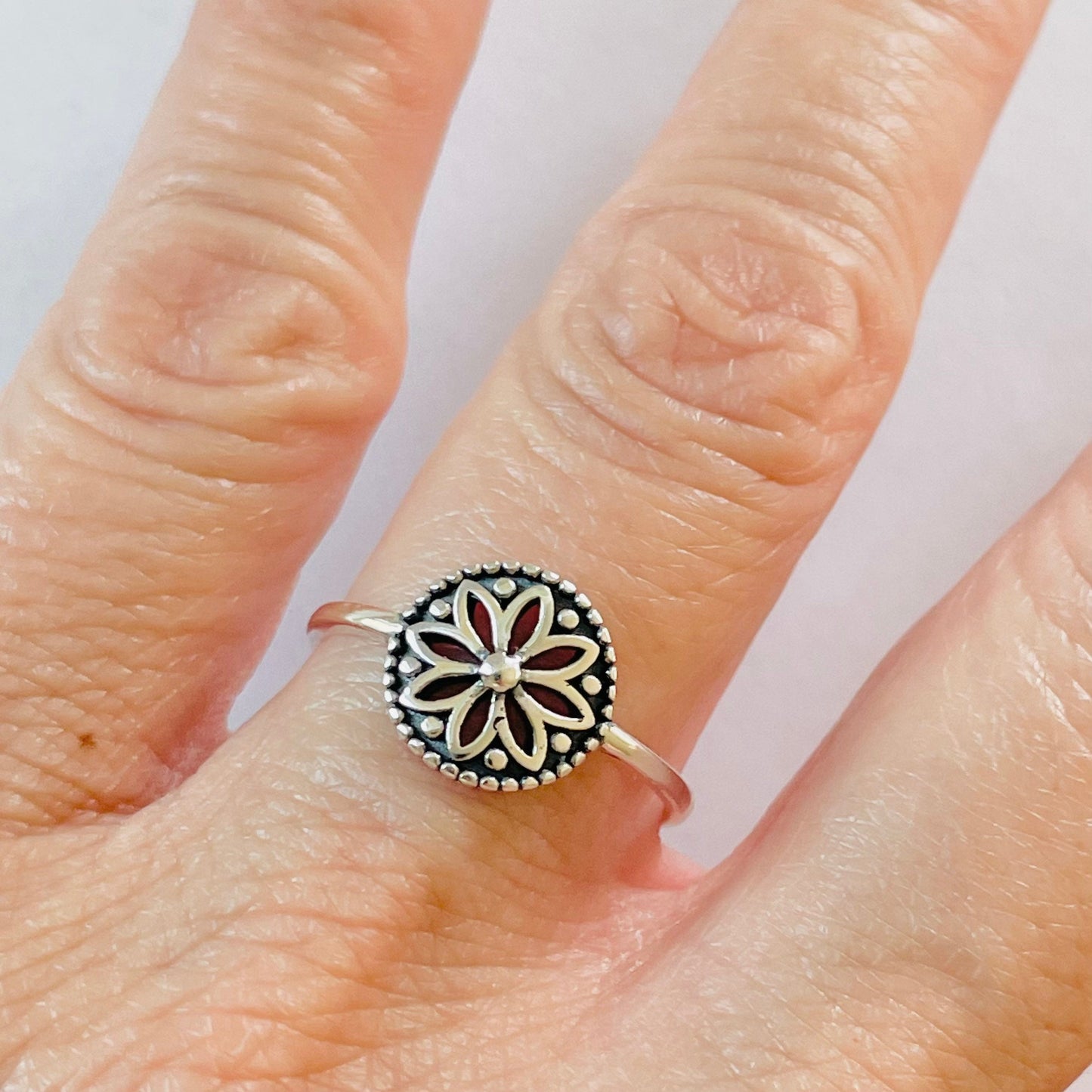 Dainty Sterling Silver Mandala Flower Ring: Oxidized Boho Jewelry