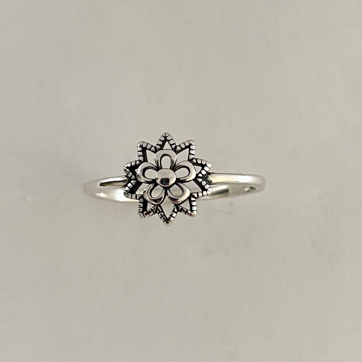 Sterling Silver Small Mandala Symbol with Flower Ring, Spiritual Ring, Cultures Universal Symbol Ring, Flower Ring, Floral Ring, Silver Ring