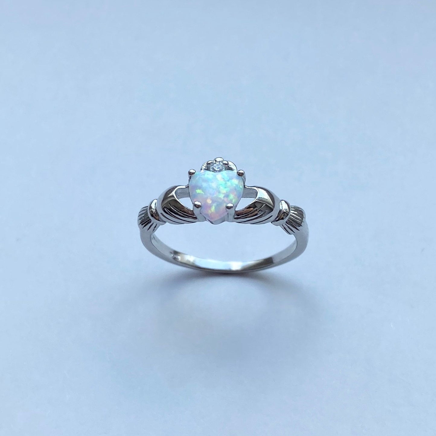 White Opal Heart Claddagh with Cubic Zirconia Sterling Silver Ring, Opal Ring, Heart Ring, Loyalty Ring, Irish Ring, Claddagh Ring, CZ Ring