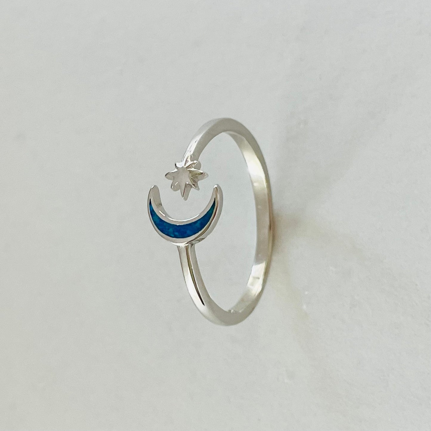 Sterling Silver Danity Twinkle Star and Half Moon Blue Lab Opal Ring, Celestial Moon Ring, Boho Ring, Moon Promise Ring, Promise Star Ring,