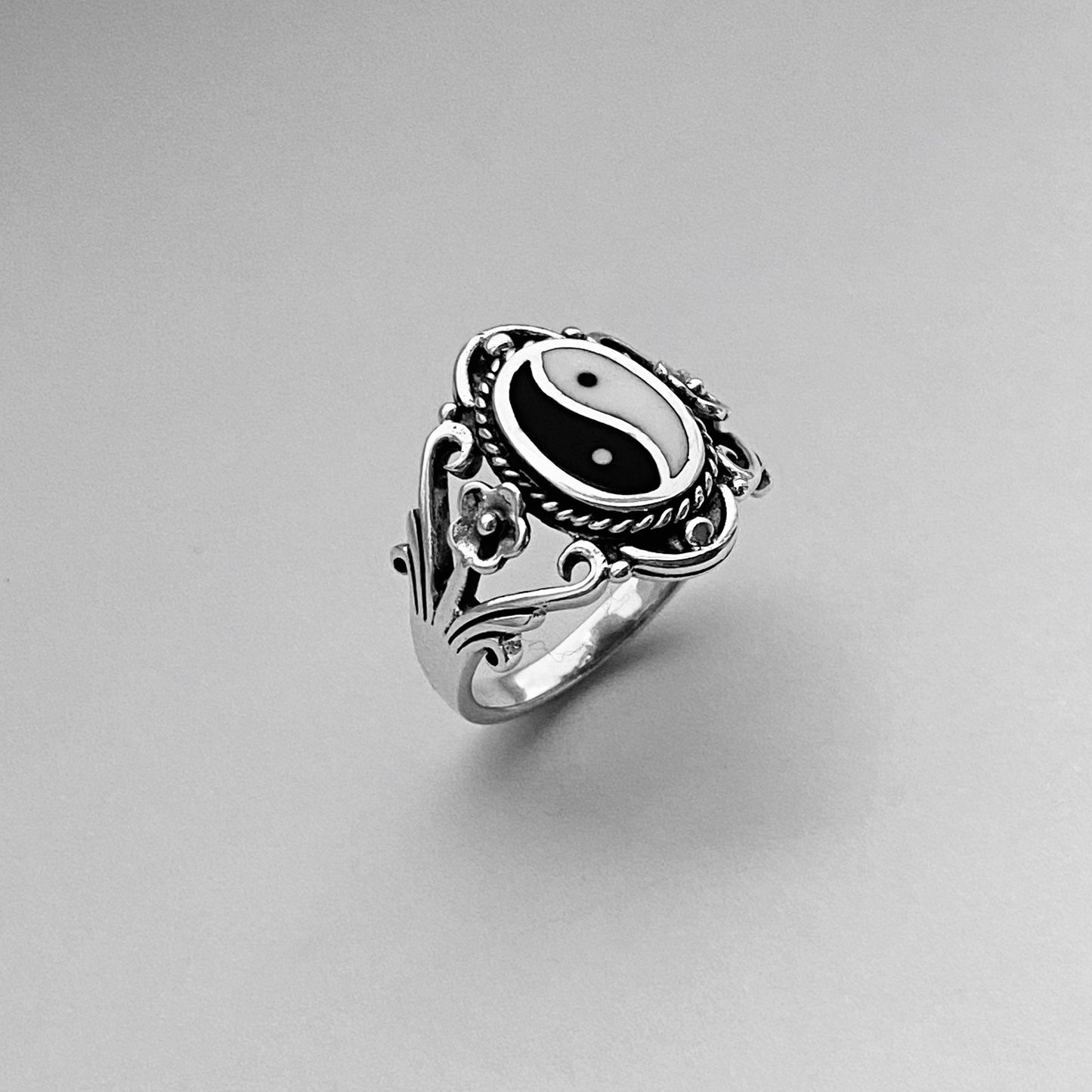 Sterling Silver Yin Yang Ring: Floral Boho Yoga Jewelry