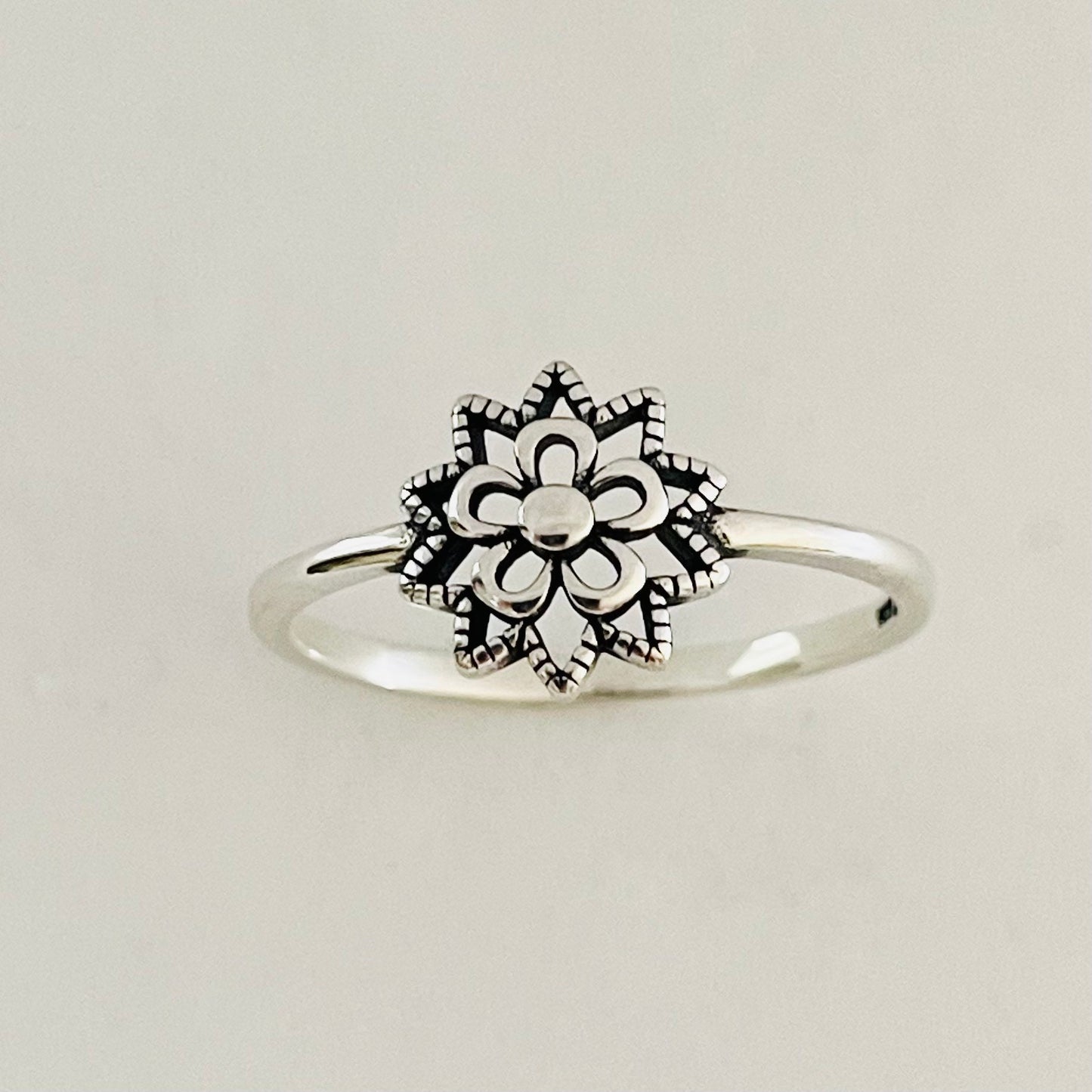 Sterling Silver Small Mandala Symbol with Flower Ring, Spiritual Ring, Cultures Universal Symbol Ring, Flower Ring, Floral Ring, Silver Ring