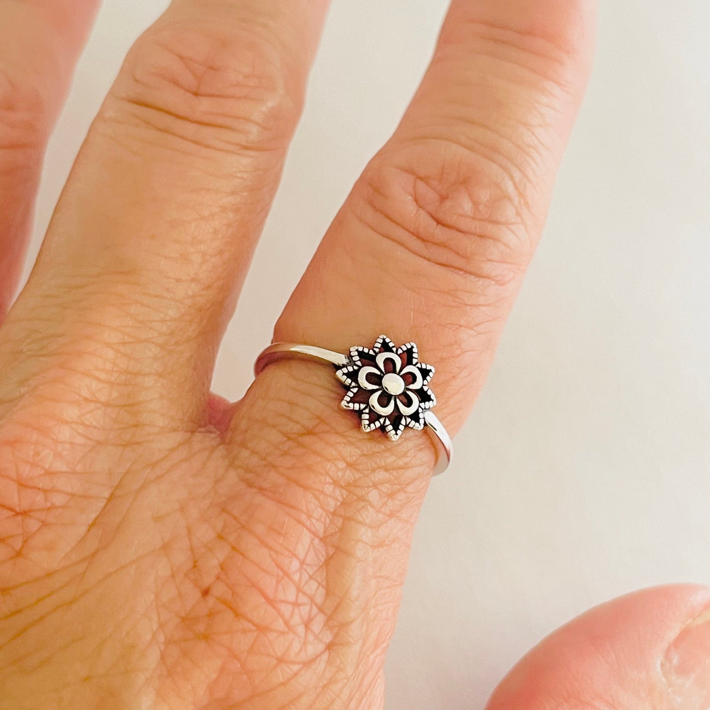 Sterling Silver Small Mandala Symbol with Flower Ring, Spiritual Ring, Cultures Universal Symbol Ring, Flower Ring, Floral Ring, Silver Ring