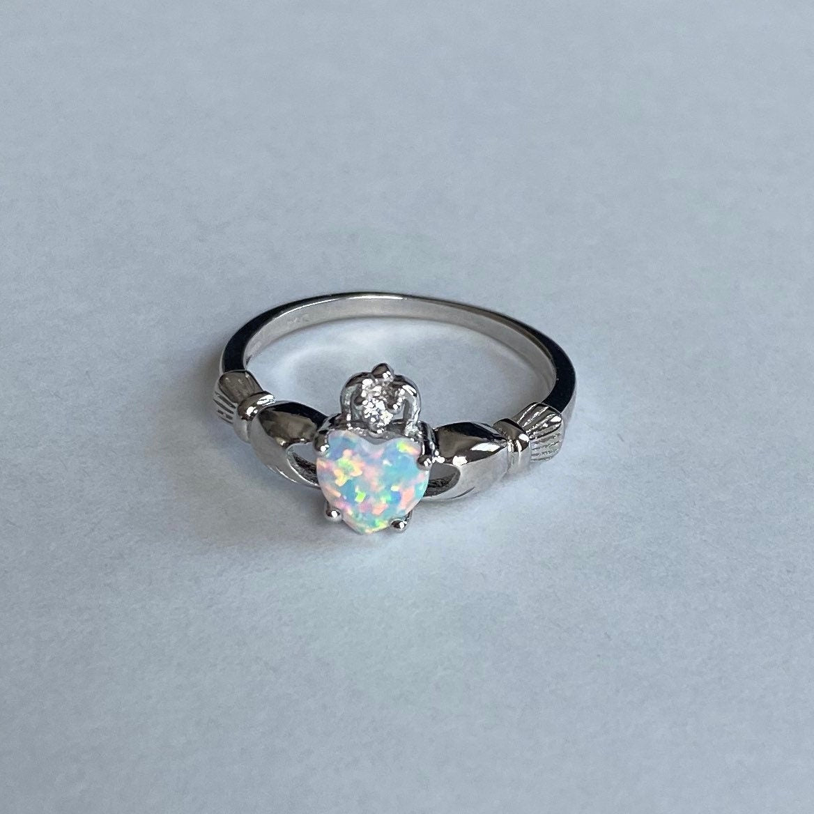 White Opal Heart Claddagh with Cubic Zirconia Sterling Silver Ring, Opal Ring, Heart Ring, Loyalty Ring, Irish Ring, Claddagh Ring, CZ Ring