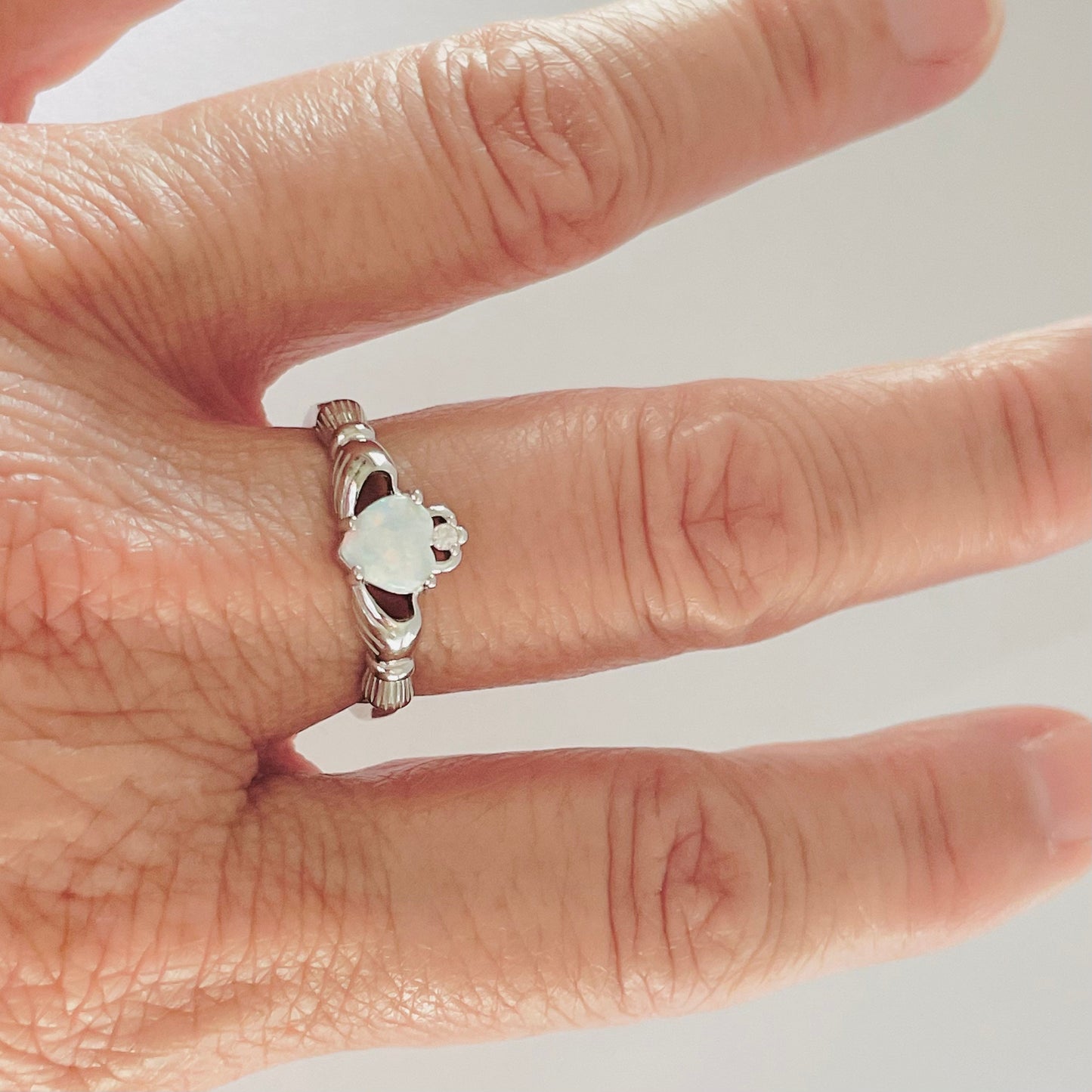 White Opal Heart Claddagh with Cubic Zirconia Sterling Silver Ring, Opal Ring, Heart Ring, Loyalty Ring, Irish Ring, Claddagh Ring, CZ Ring
