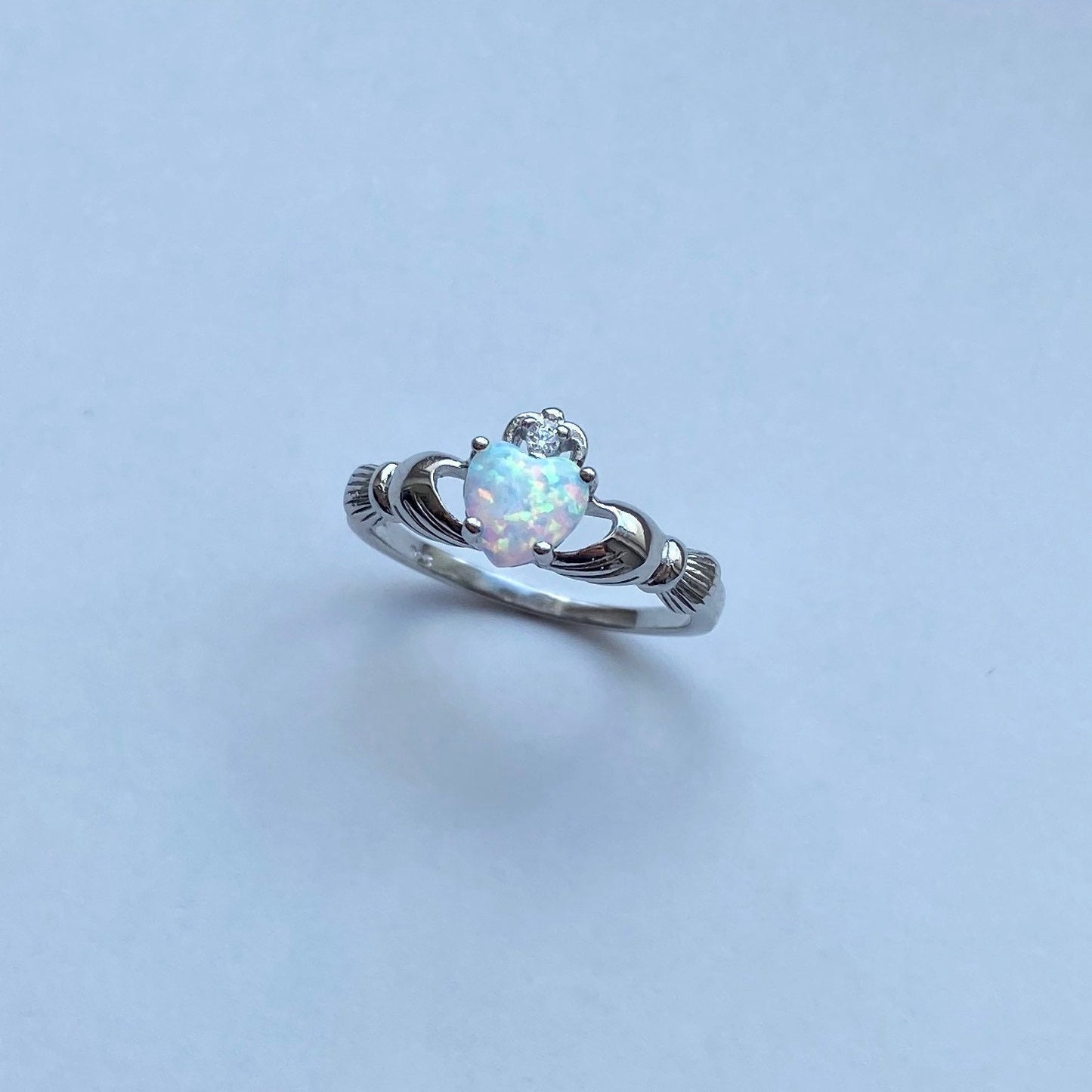 White Opal Heart Claddagh with Cubic Zirconia Sterling Silver Ring, Opal Ring, Heart Ring, Loyalty Ring, Irish Ring, Claddagh Ring, CZ Ring