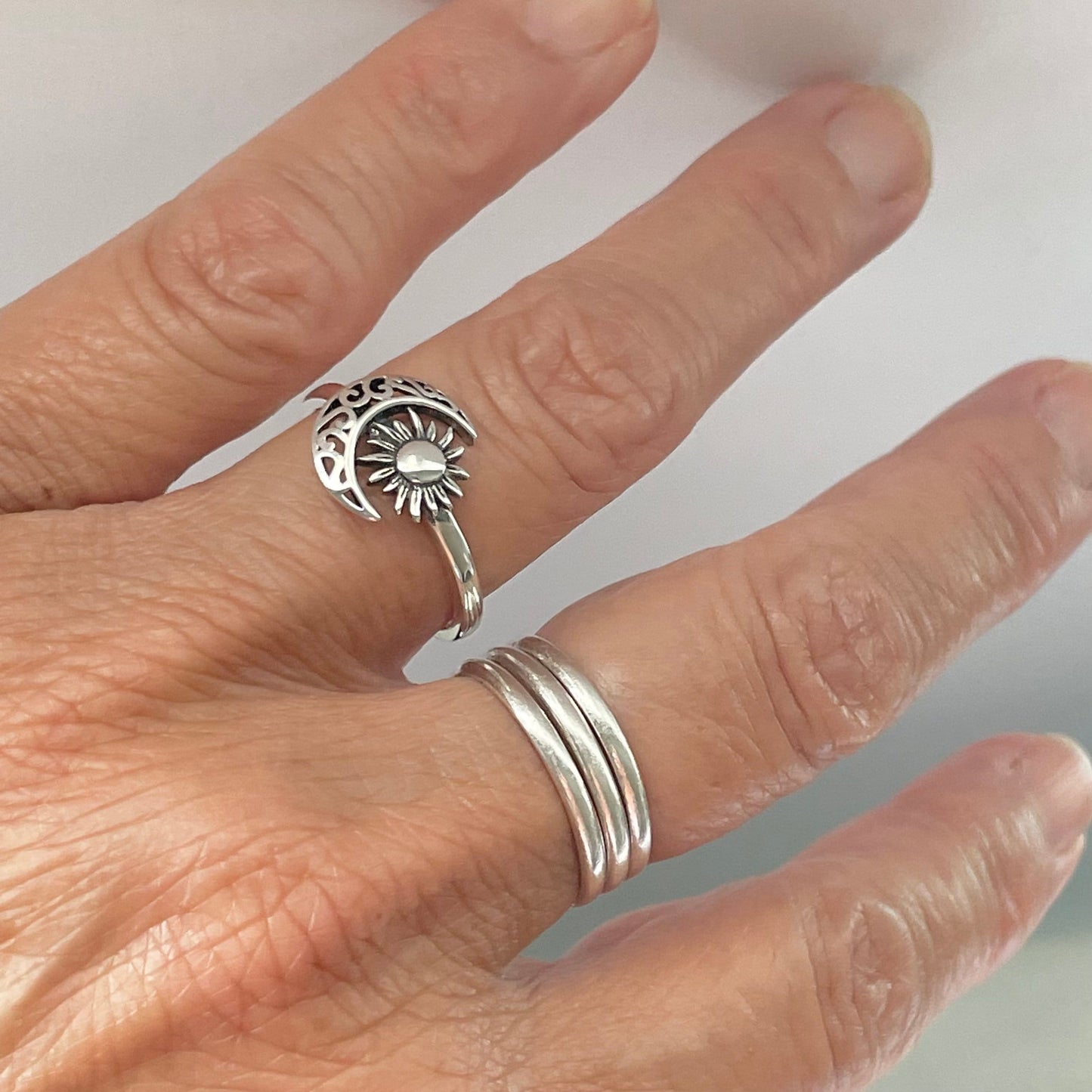 Filigree Crescent Moon Sun Sterling Silver Ring, Silver Sunflower Ring, Sun Ring, Filigree Ring, Moon Ring, Celestial Ring, Sun Promise Ring