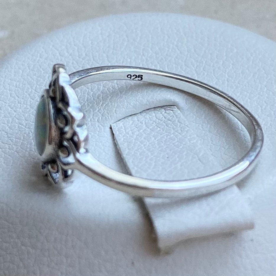 Sterling Silver White or Blue Opal Mandala Ring, Silver Flower Ring, Mandala Silver Ring, Opal Silver Ring, Floral Ring, Statement Ring