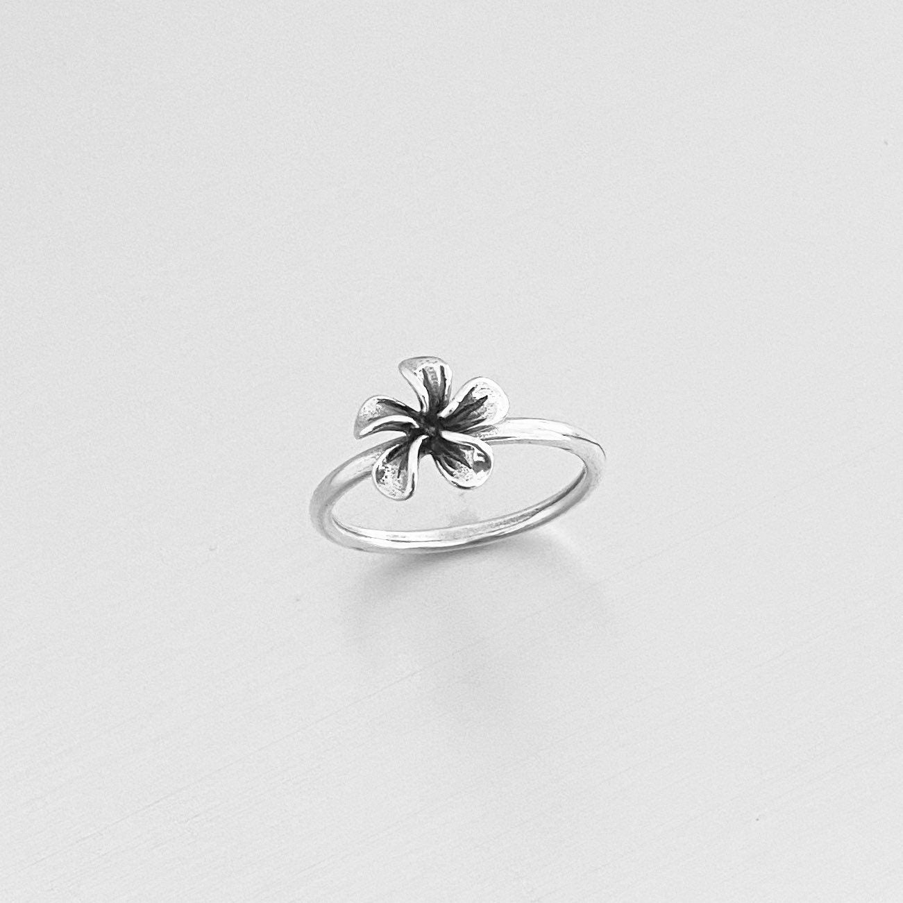 Dainty Sterling Silver Plumeria Flower Ring: Hawaiian Boho Jewelry