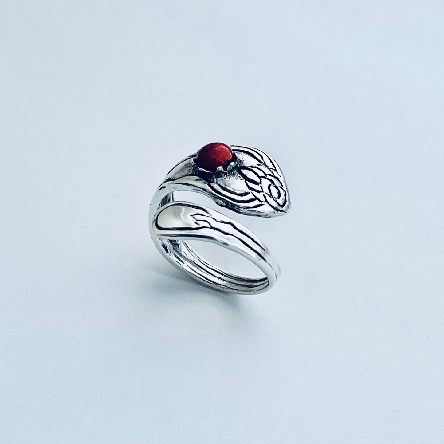 Sterling Silver Spoon Ring: Red Agate, Flower Design, Boho Statement