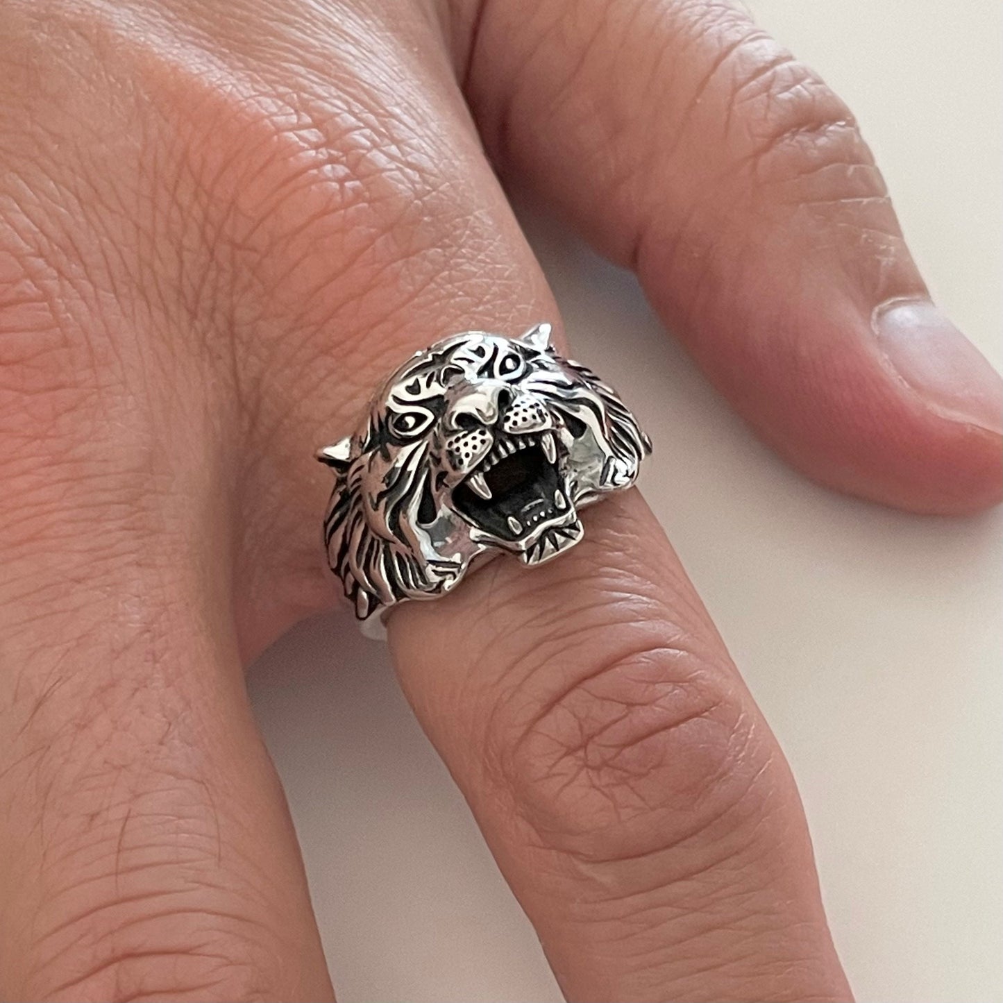 Sterling Silver Unisex Tiger Large Ring, Silver Cat Ring, Love Ring, Promise Ring, Large Ring, Animal Ring, Silver Ring, Silver Tiger Ring