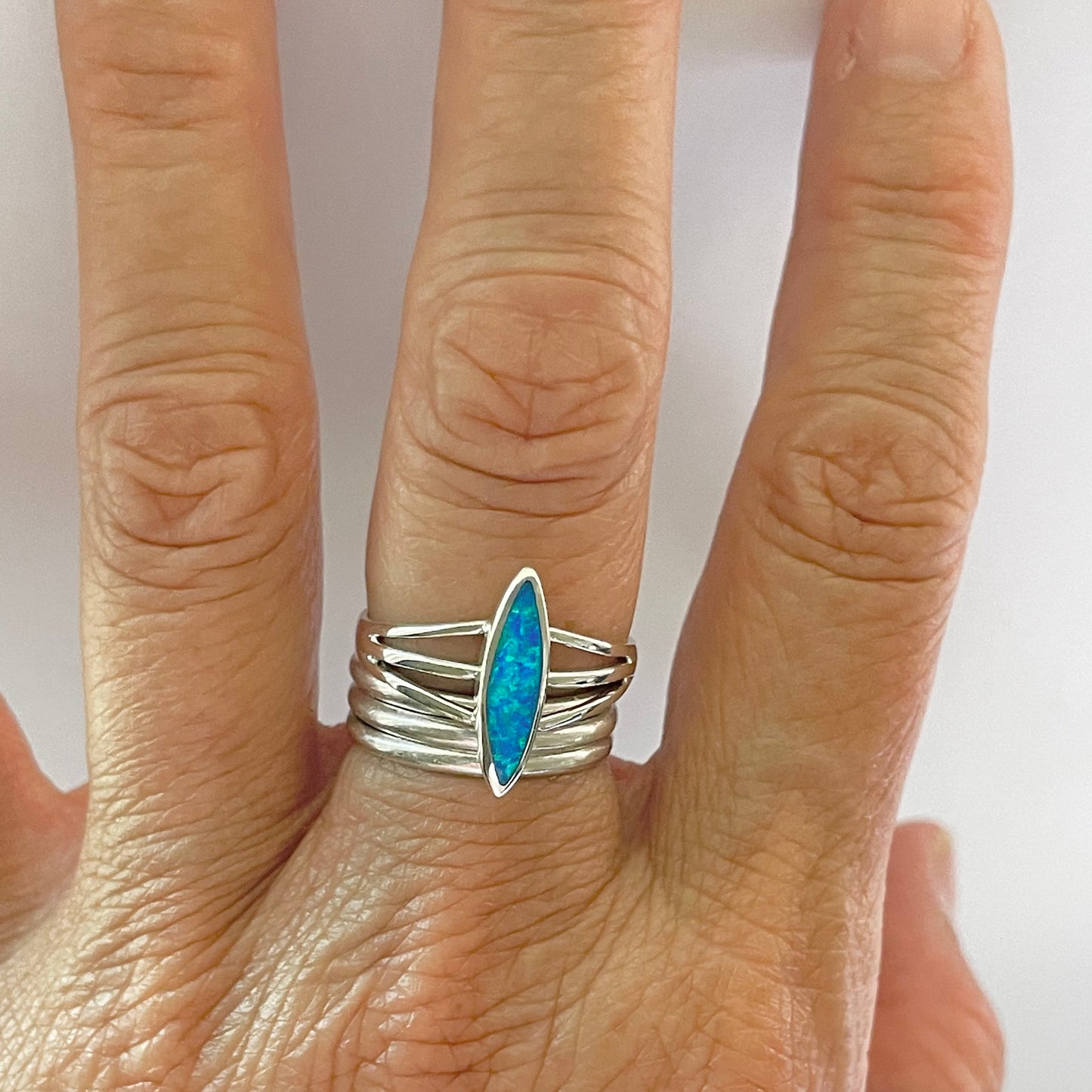 Blue Opal Sterling Silver Ring: Diamond Shape Boho Statement Ring