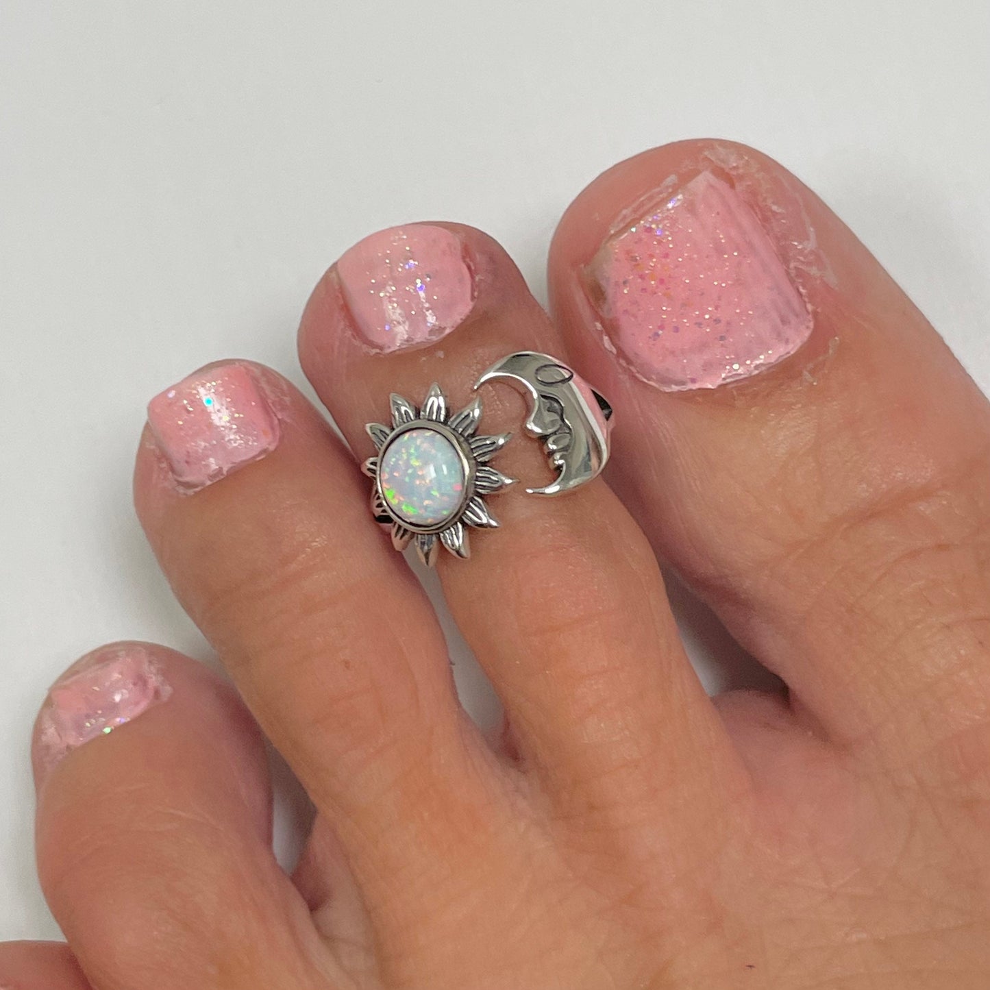 Sterling Silver Sun and Moon Ring: White Lab Opal Celestial Jewelry