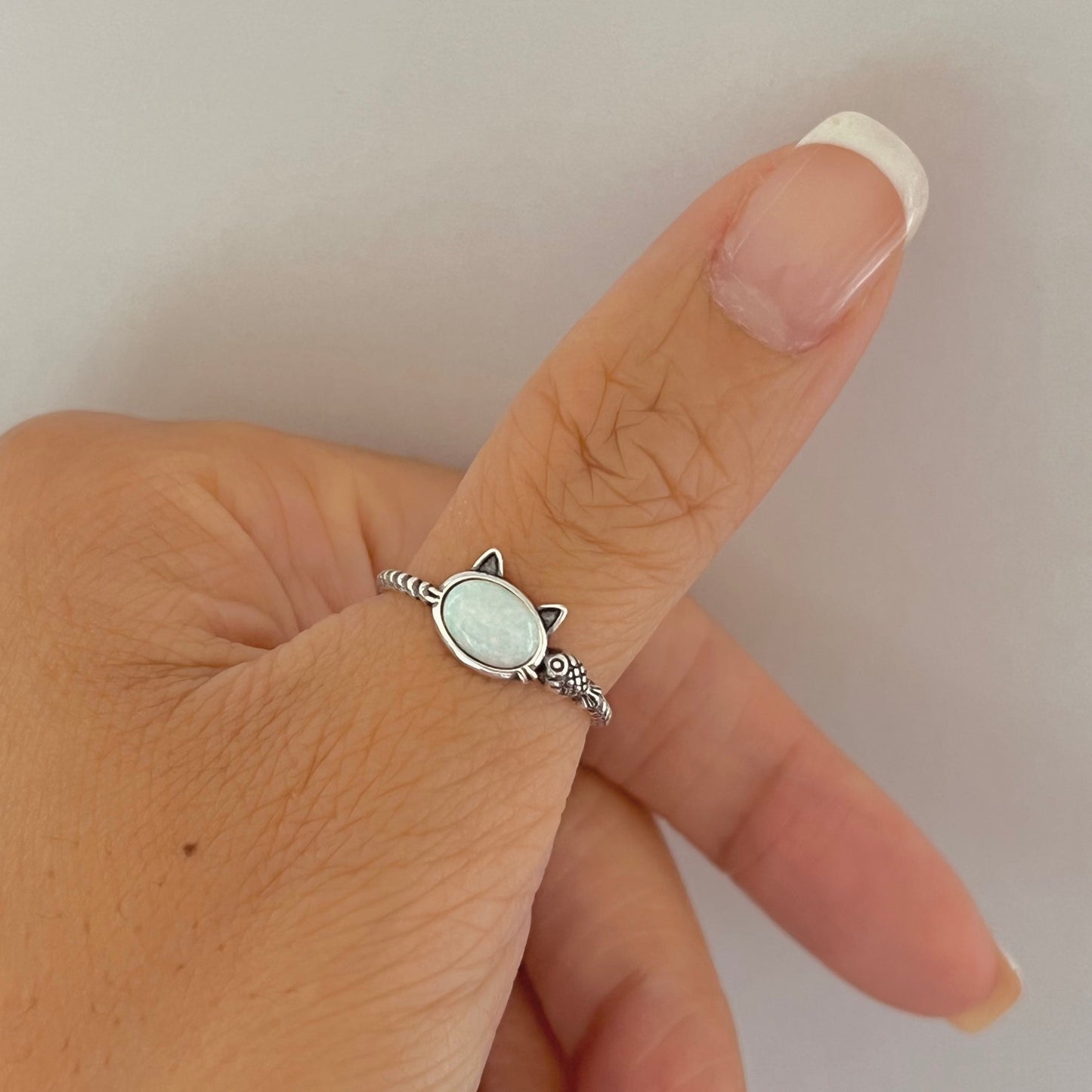 Sterling silver white opal cat & fish rope ring, cat ring, fish ring, silver cat ring, rope ring, silver fish ring, white opal ring