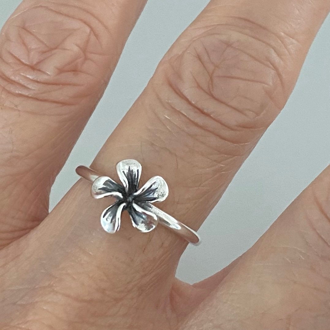 Dainty Sterling Silver Plumeria Flower Ring: Hawaiian Boho Jewelry