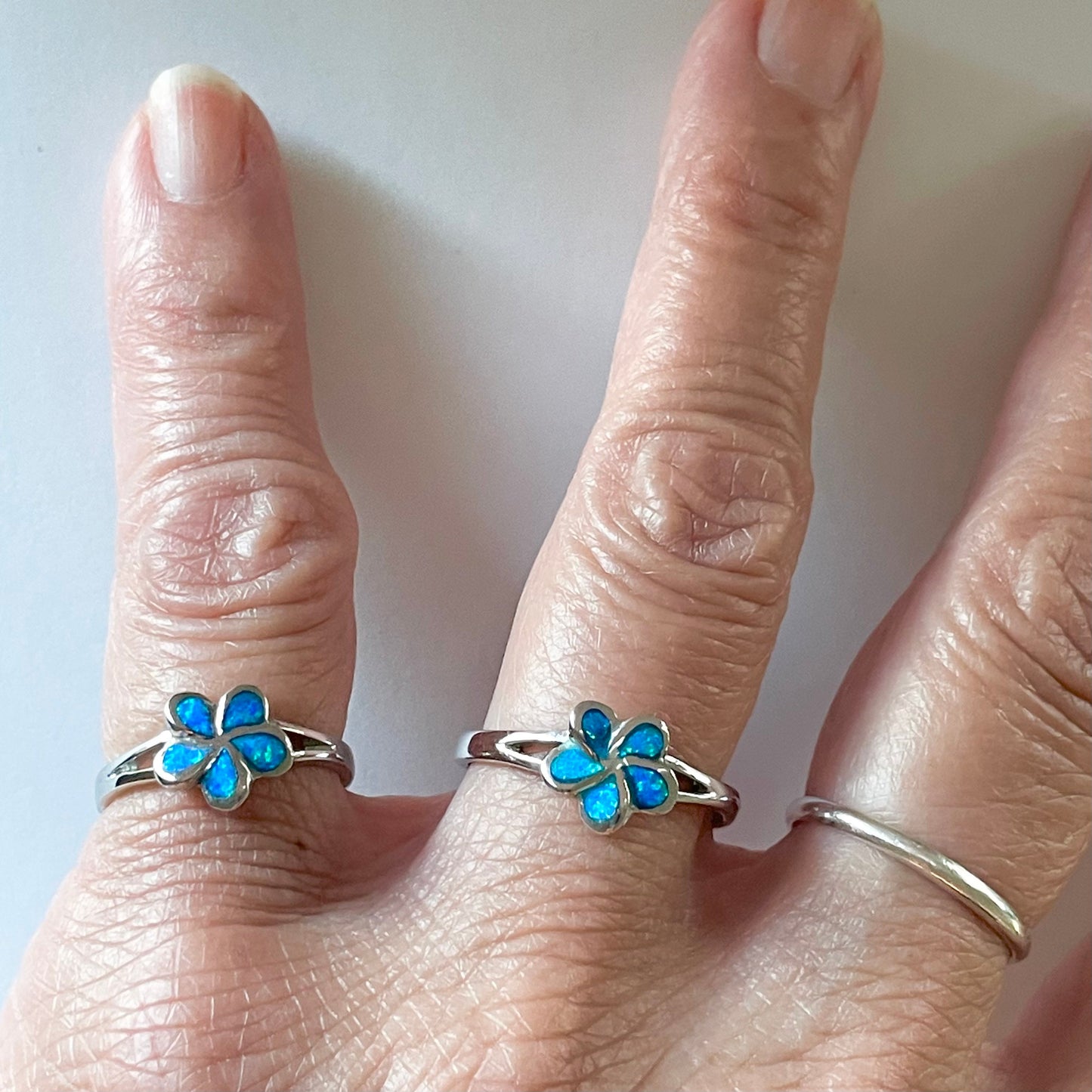 Sterling Silver Blue Lab Opal Plumeria Ring: Hawaiian Flower Jewelry
