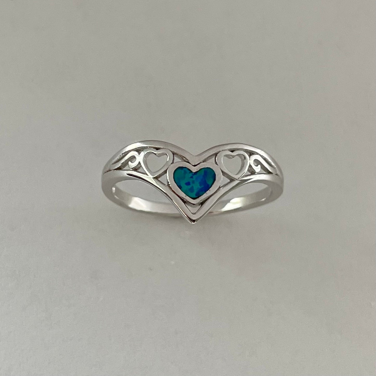 Sterling Silver V Shape Hearts Blue Lab Opal Ring, Hearts Opal Ring, Silver Hearts Ring, Boho Ring, Love Hearts Ring, Blue Opal Ring.