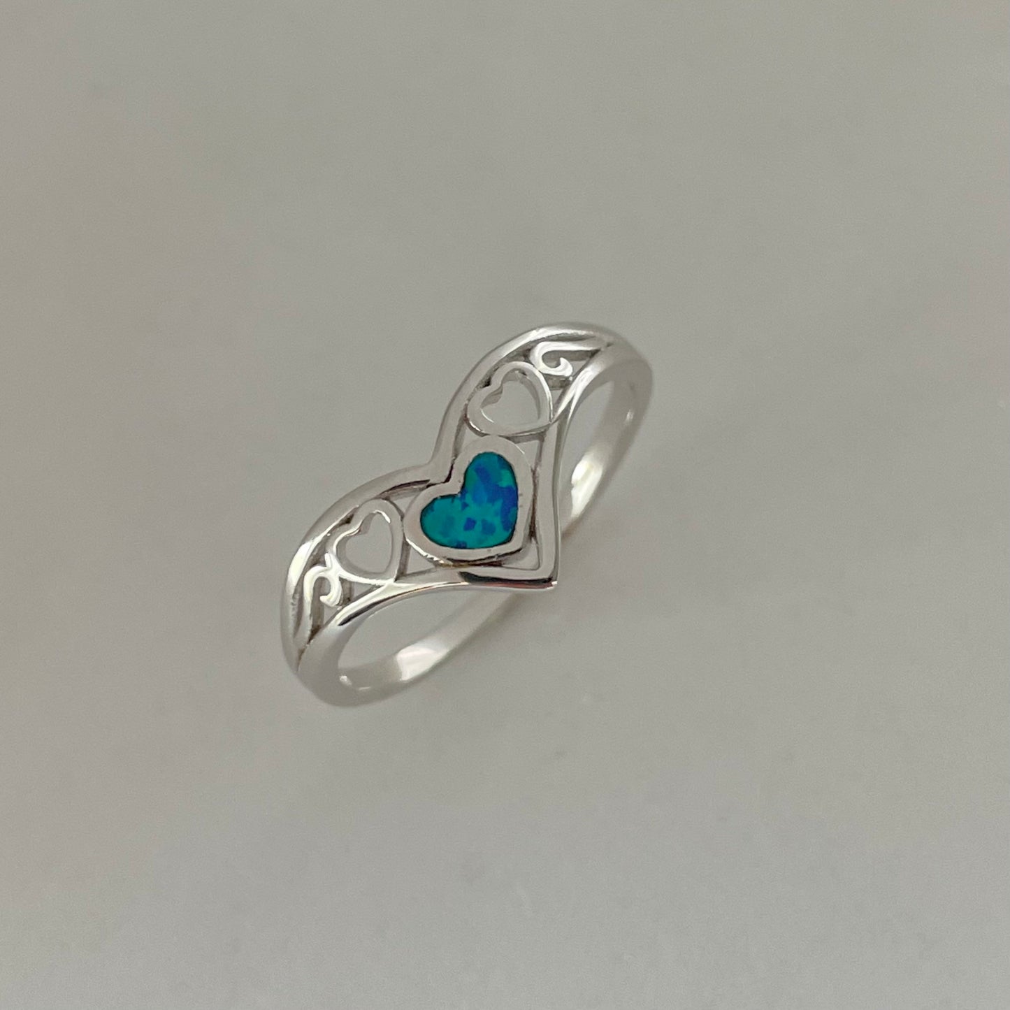 Sterling Silver V Shape Hearts Blue Lab Opal Ring, Hearts Opal Ring, Silver Hearts Ring, Boho Ring, Love Hearts Ring, Blue Opal Ring.