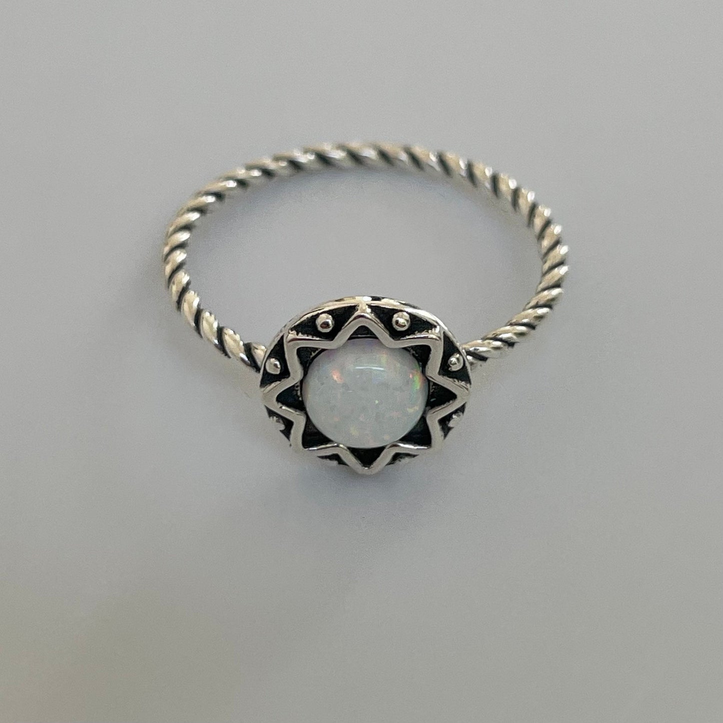 Sterling Silver White Opal Mandala Flower Ring: Boho Rope Band