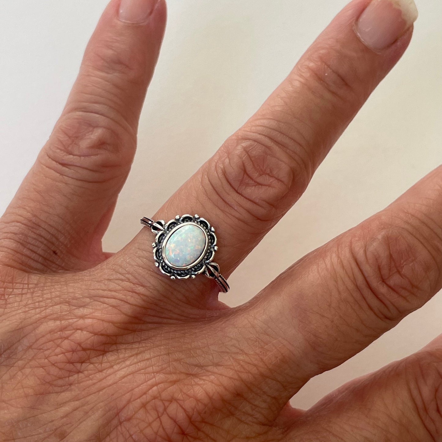 Sterling Silver White Opal Victorian Flower Ring, Silver Flower Ring, Boho Ring, Opal Flower Ring, Promise Love Ring, Silver Floral Ring