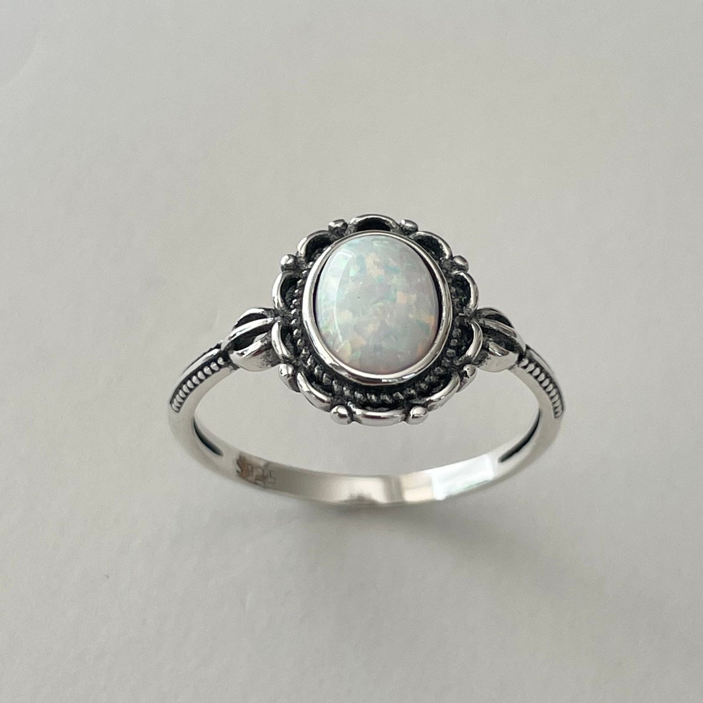 Sterling Silver White Opal Victorian Flower Ring, Silver Flower Ring, Boho Ring, Opal Flower Ring, Promise Love Ring, Silver Floral Ring