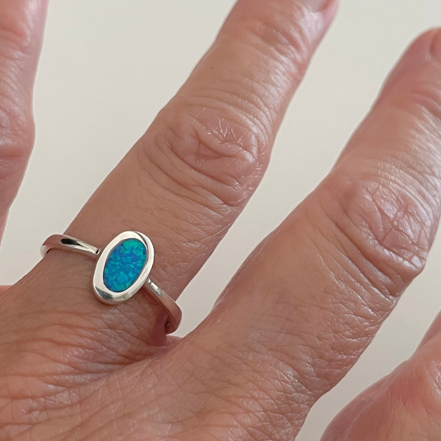 Sterling Silver Oval Solitaire Blue Opal Ring, Boho Ring, Silver Ring, Opal Ring, Stone Ring, Simple Ring, Statement Ring