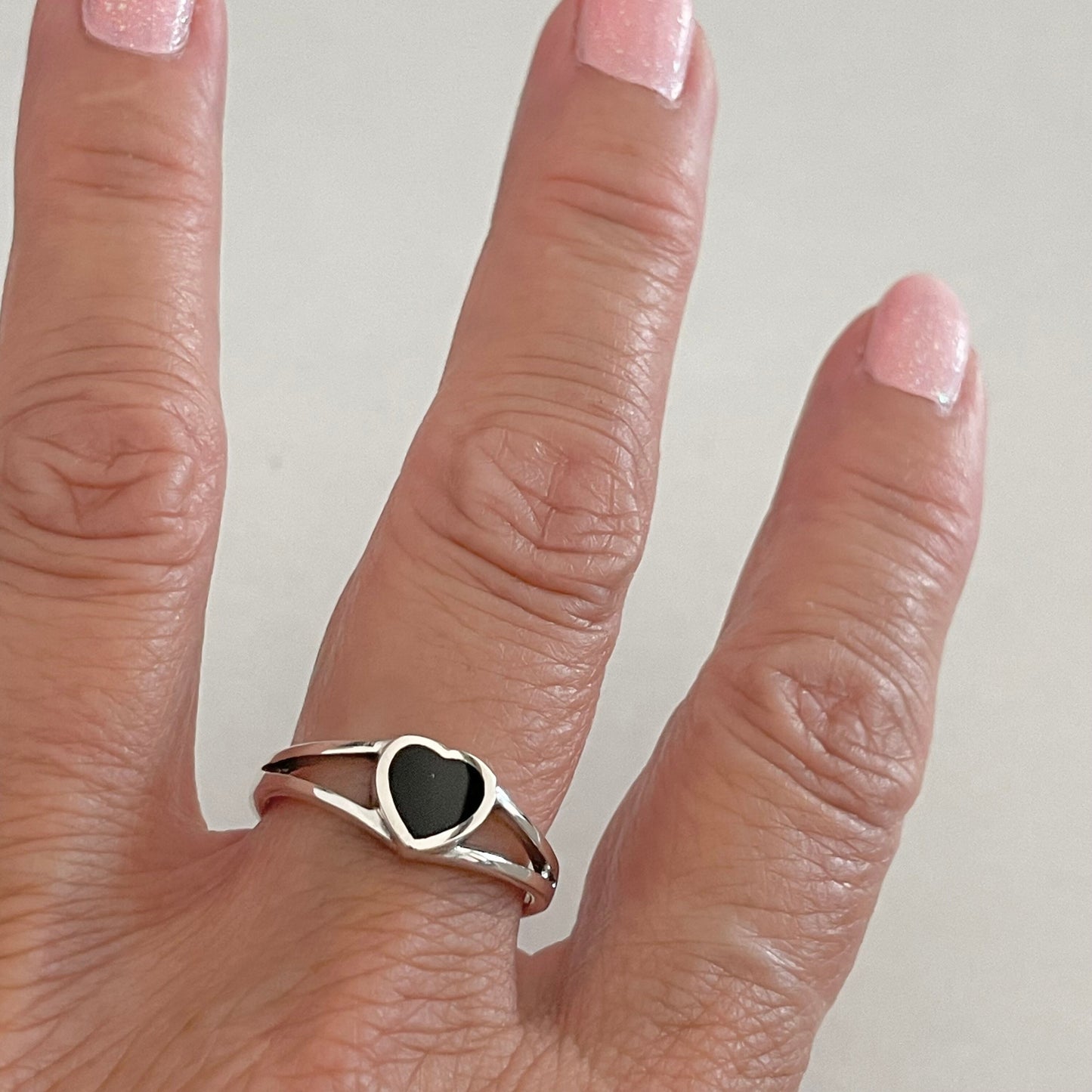 Dainty Black Agate Heart Ring - Sterling Silver Promise Ring