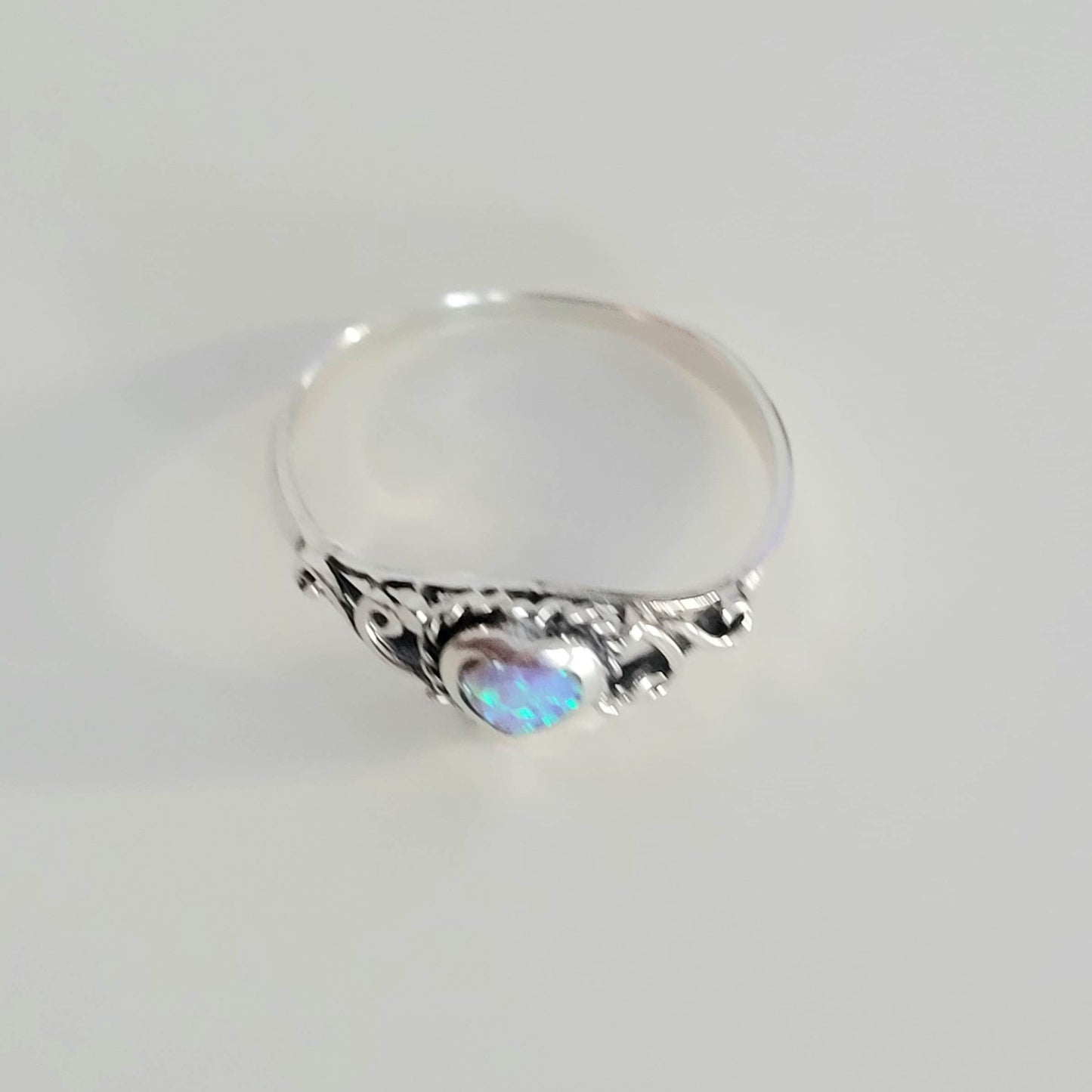 Sterling Silver Pink Lab Opal Heart Ring: Boho Promise Ring