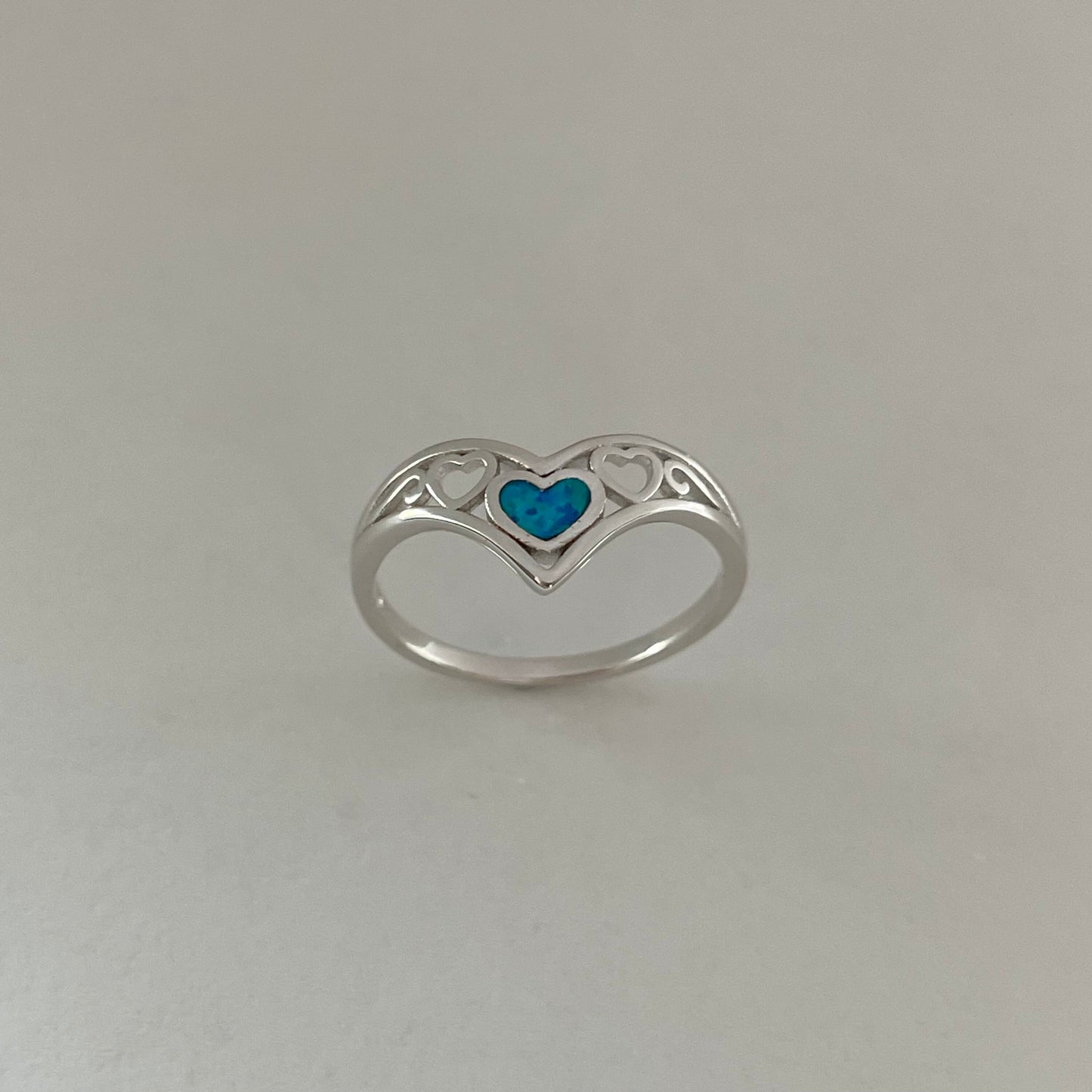 Sterling Silver V Shape Hearts Blue Lab Opal Ring, Hearts Opal Ring, Silver Hearts Ring, Boho Ring, Love Hearts Ring, Blue Opal Ring.