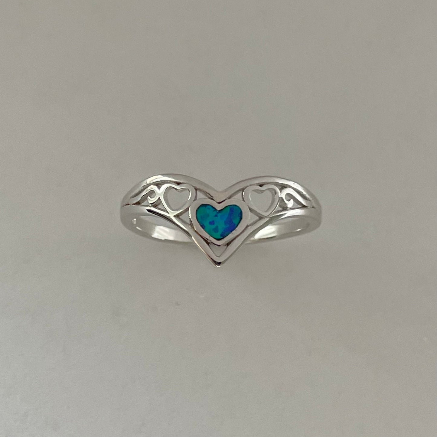 Sterling Silver V-Shape Heart Ring: Blue Lab Opal Boho Jewelry