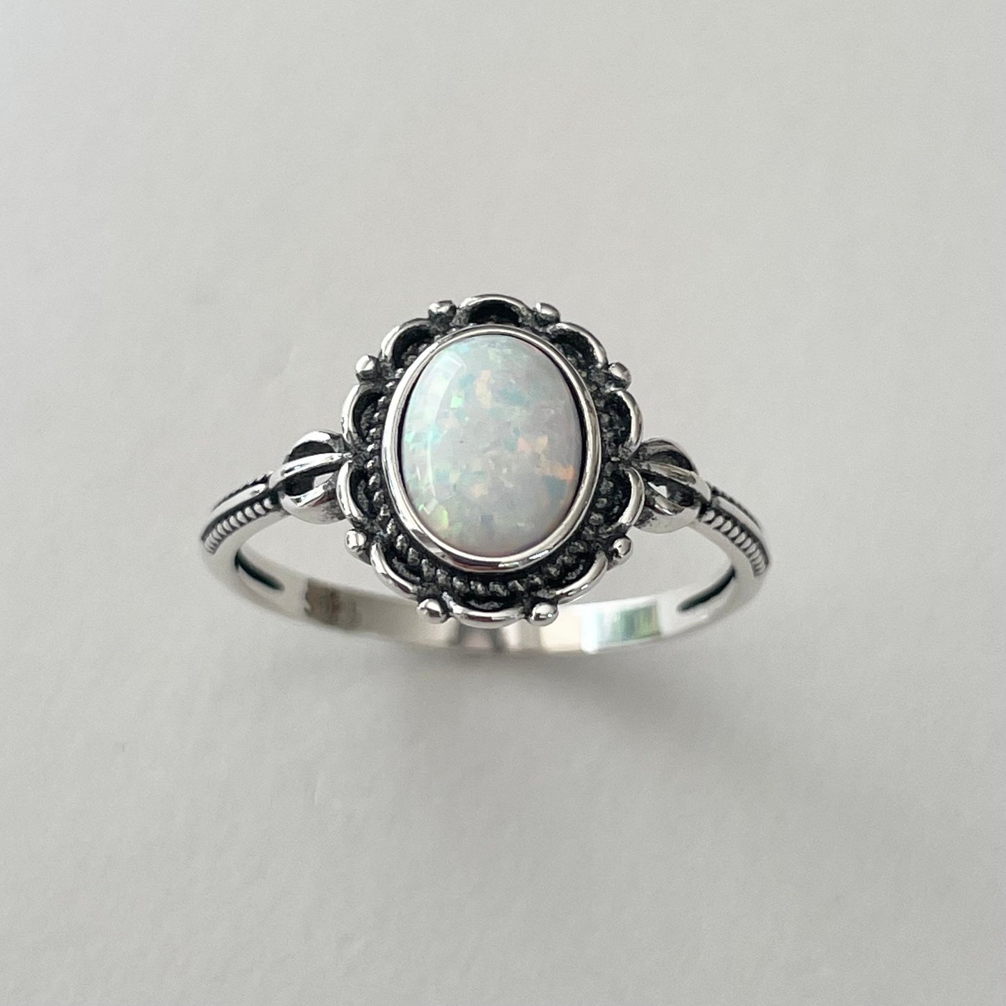 Sterling Silver White Opal Victorian Flower Ring, Silver Flower Ring, Boho Ring, Opal Flower Ring, Promise Love Ring, Silver Floral Ring
