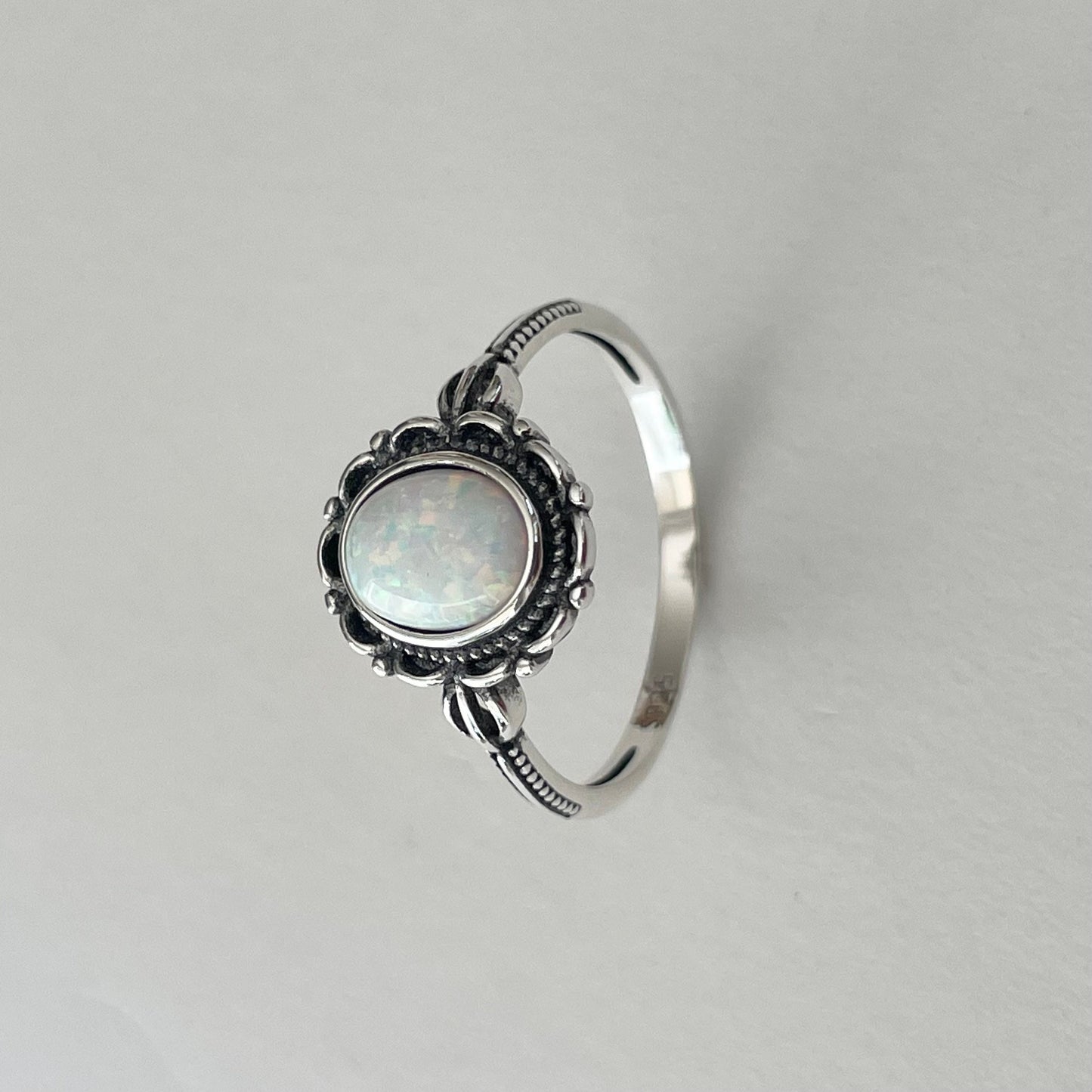 Sterling Silver White Opal Victorian Flower Ring, Silver Flower Ring, Boho Ring, Opal Flower Ring, Promise Love Ring, Silver Floral Ring