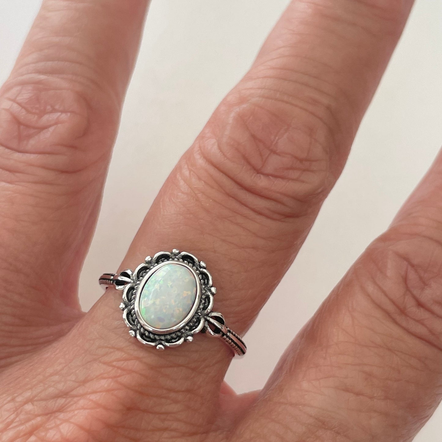 Sterling Silver White Opal Victorian Flower Ring, Silver Flower Ring, Boho Ring, Opal Flower Ring, Promise Love Ring, Silver Floral Ring