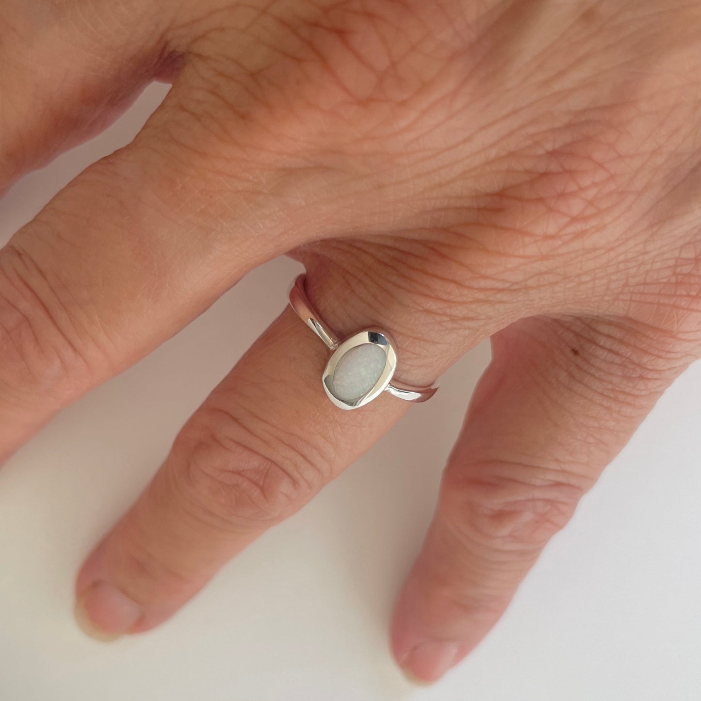 Sterling Silver Simple Oval Solitaire White Lap Opal Ring, Boho, Silver, Stone, Statement, Simple Ring,