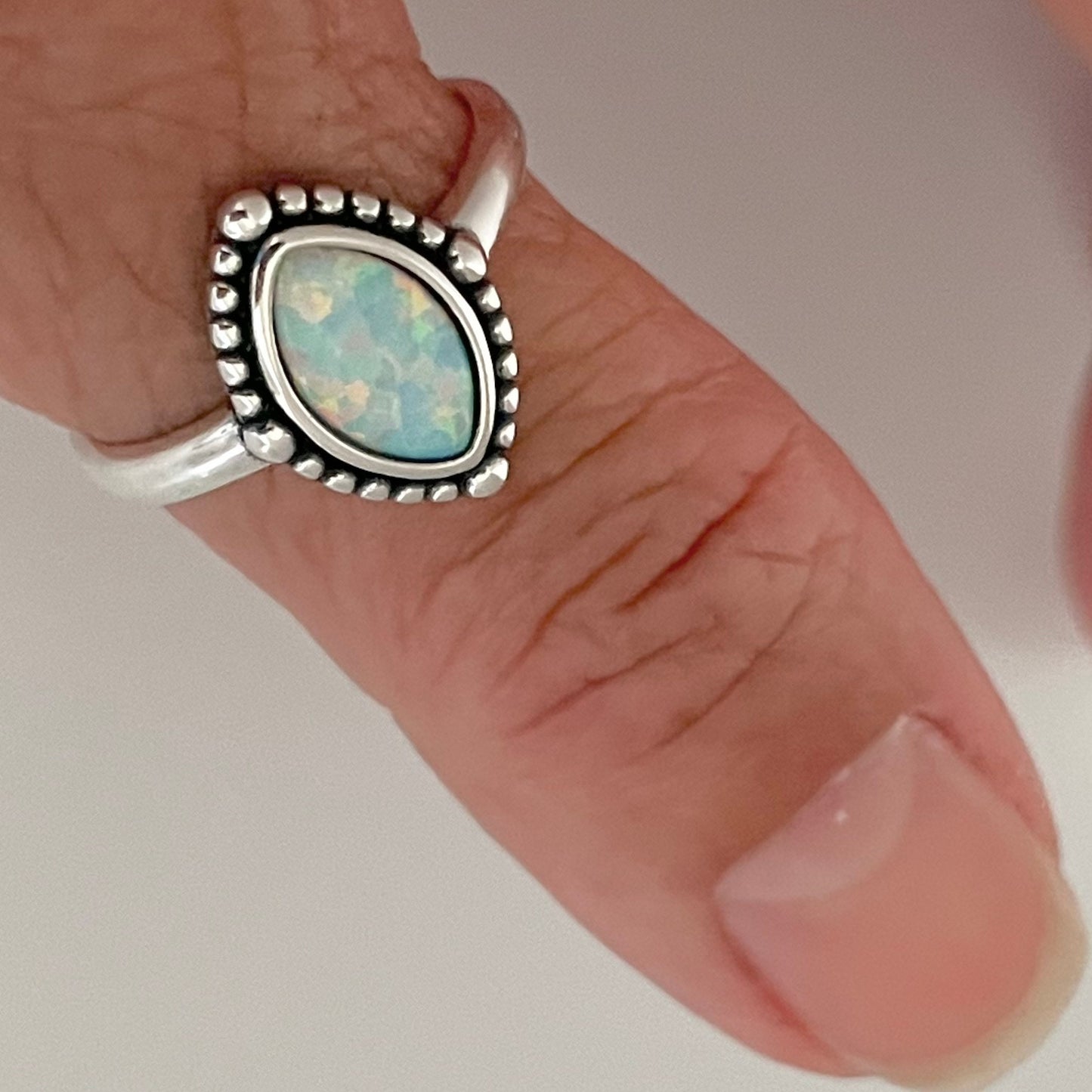 Fire Opal Diamond Shape Sterling Silver Ring, Boho Ring, Opal Ring, Beads Ring, Diamond Ring, Promise Ring, Silver Ring, Statement Ring.